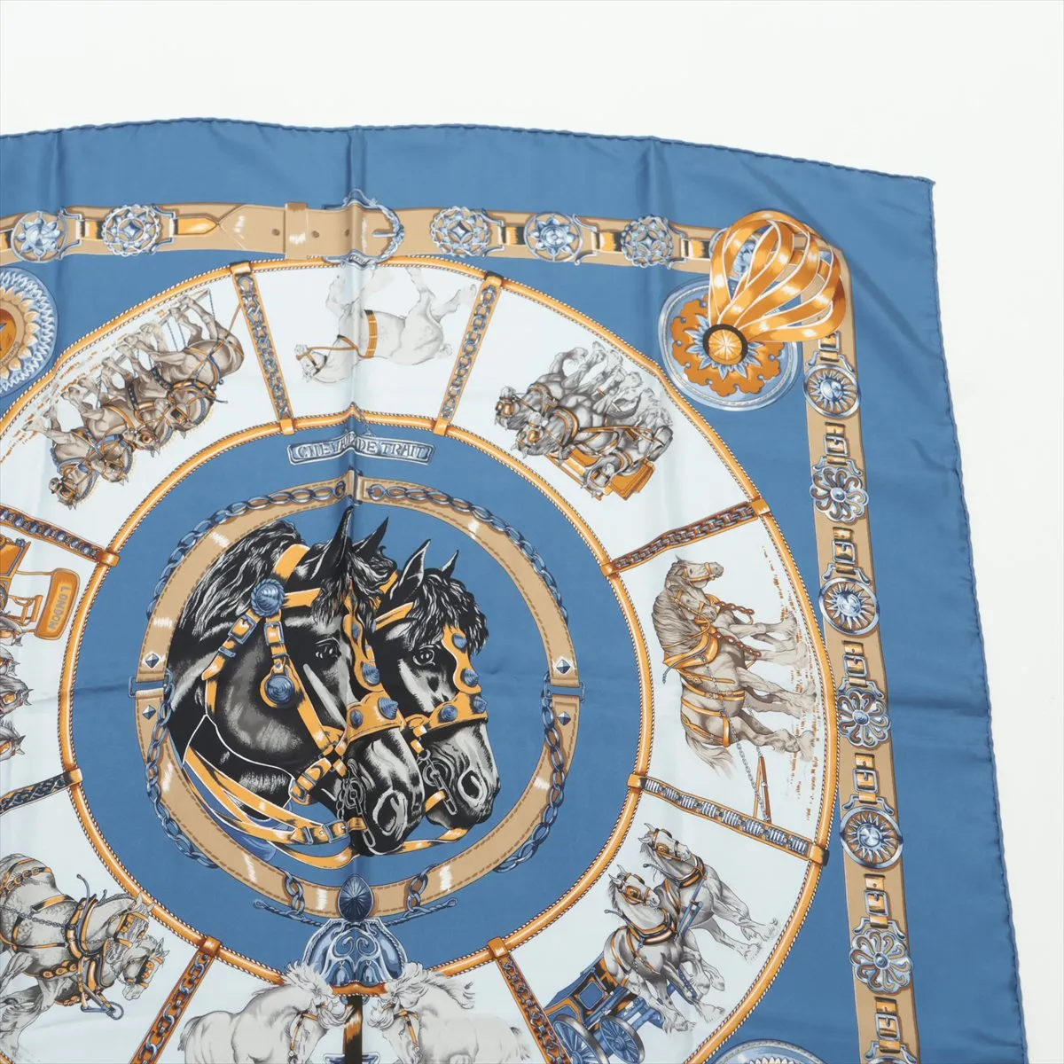 Carre 90 CHEVAUX DE TRAIT (Draft Horse) Scarf, Silk, Blue. Some wear, snags, — view 3