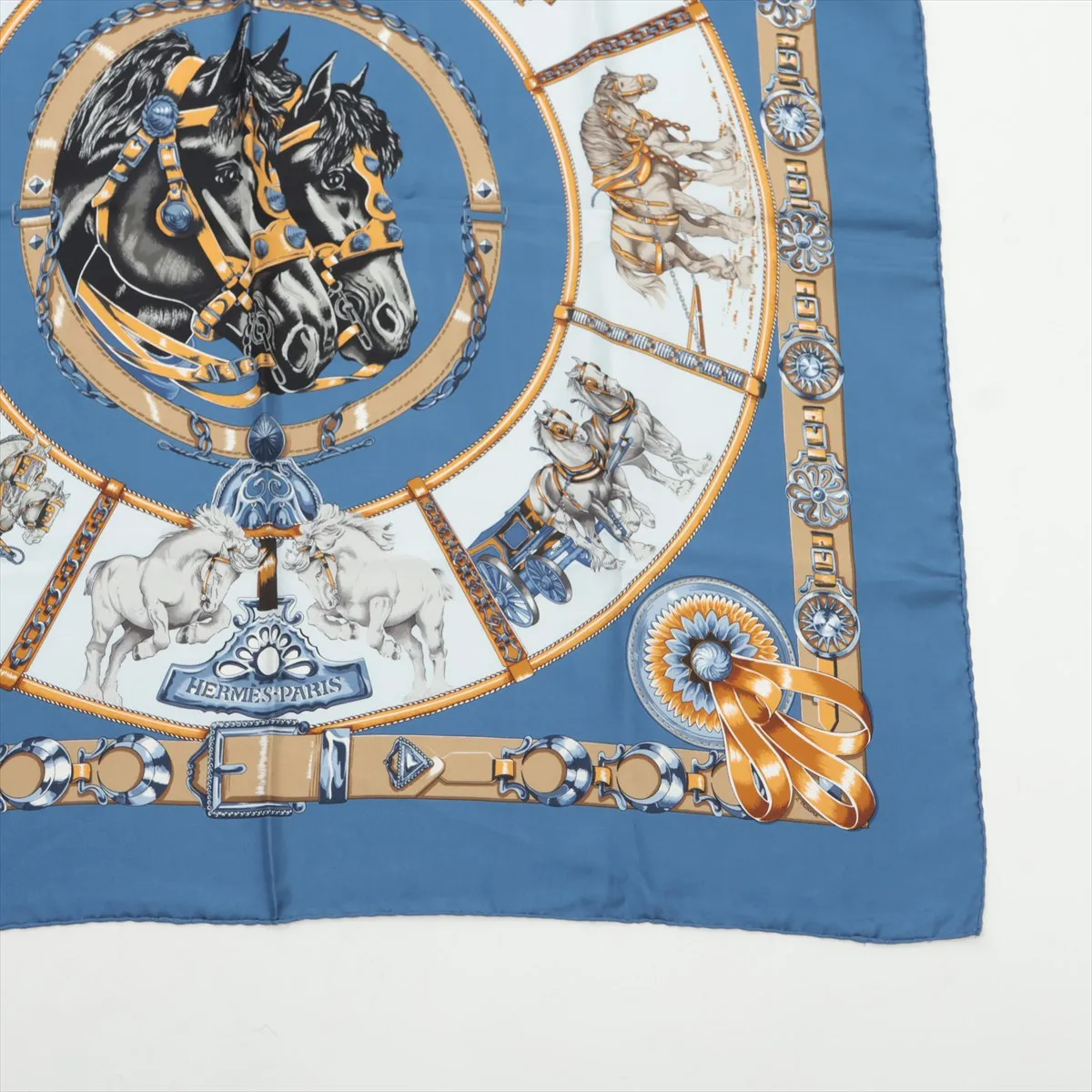 Carre 90 CHEVAUX DE TRAIT (Draft Horse) Scarf, Silk, Blue. Some wear, snags, — view 4