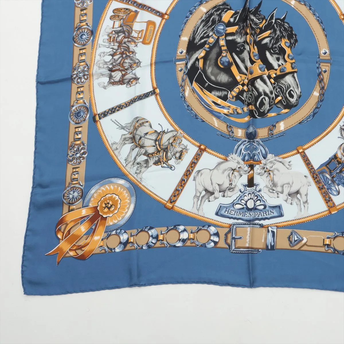 Carre 90 CHEVAUX DE TRAIT (Draft Horse) Scarf, Silk, Blue. Some wear, snags, — view 5