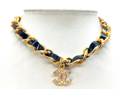 Coco Mark Rhinestone Leather Choker Necklace 96P