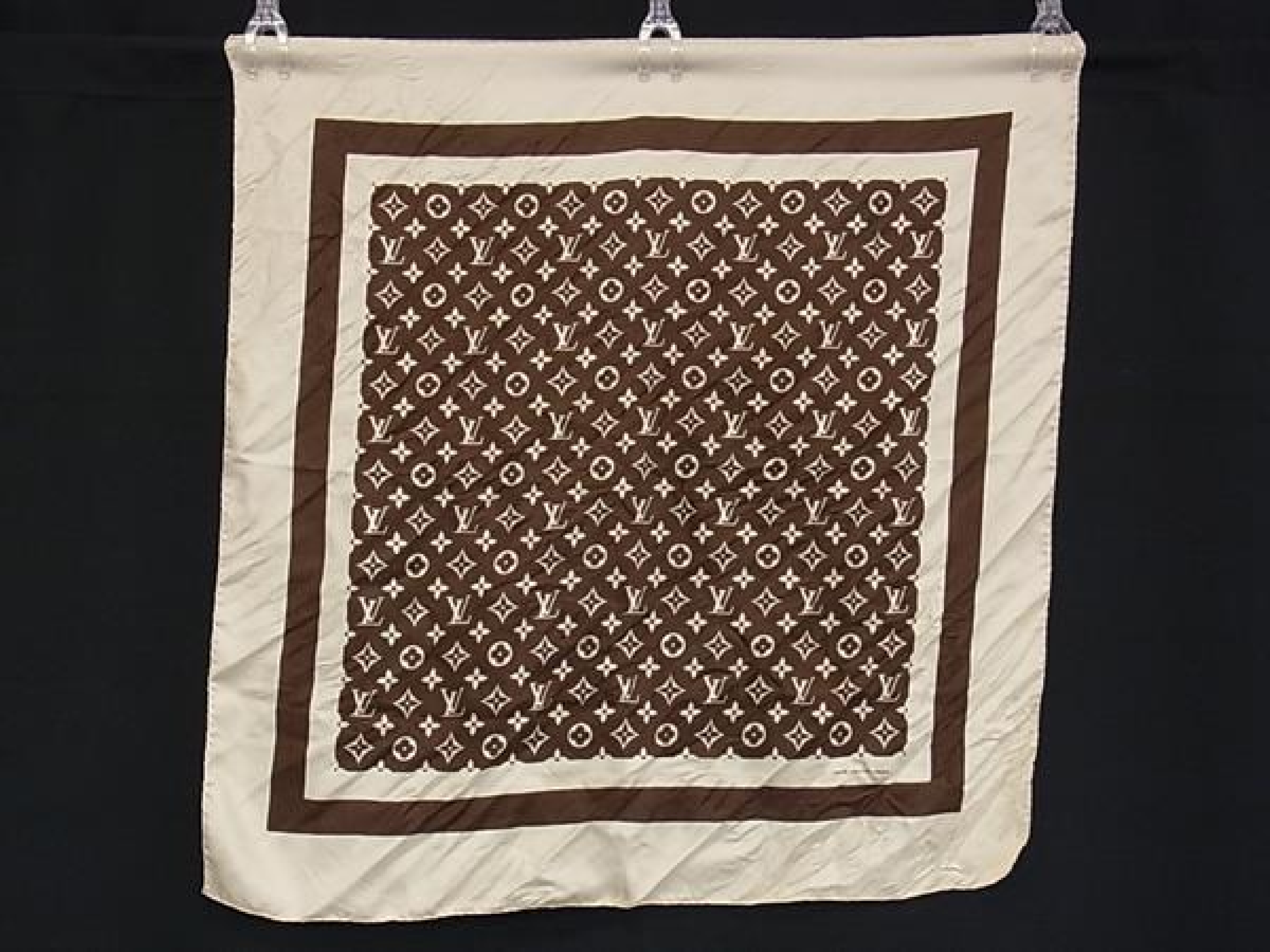 Monogram 100% Silk Large Scarf Stole for Women and Men, Brown, HE2383, Other Accessories