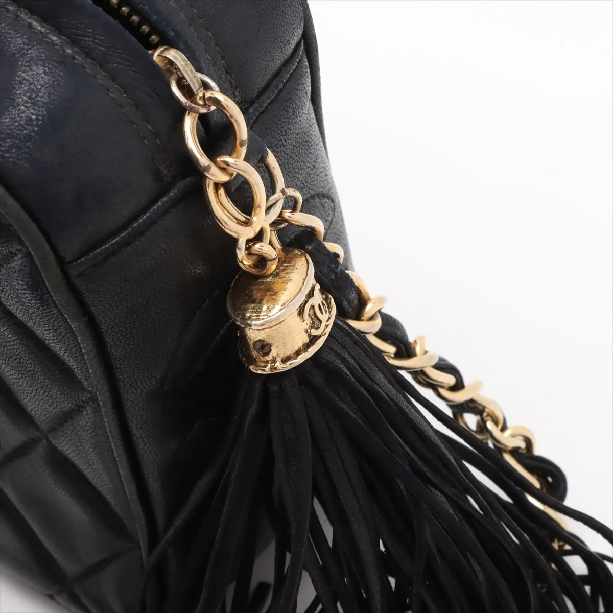 Matelasse Lambskin Chain Shoulder Bag Fringe Black Gold Hardware — view 10
