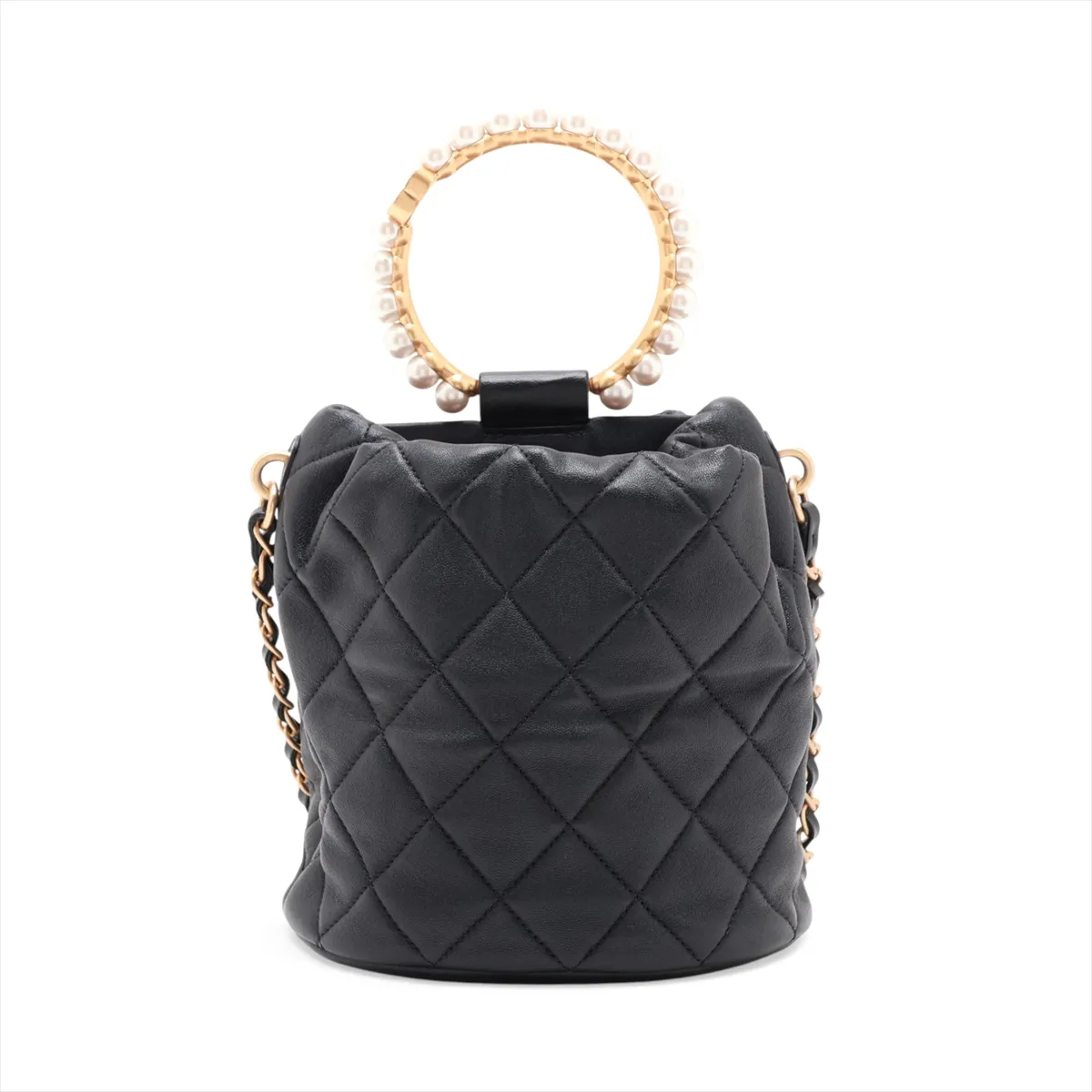 Matelassé Lambskin 2-Way Shoulder Bag with Pearl Drawstring, Black with Gold Hardware, G7L30JGC, Random Plate, AS2608 — view 2