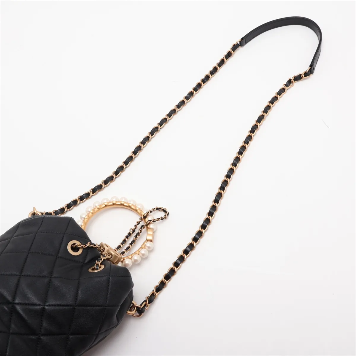 Matelassé Lambskin 2-Way Shoulder Bag with Pearl Drawstring, Black with Gold Hardware, G7L30JGC, Random Plate, AS2608 — view 7