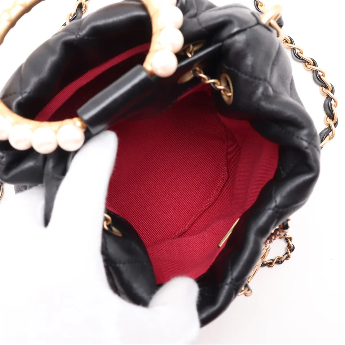 Matelassé Lambskin 2-Way Shoulder Bag with Pearl Drawstring, Black with Gold Hardware, G7L30JGC, Random Plate, AS2608 — view 8