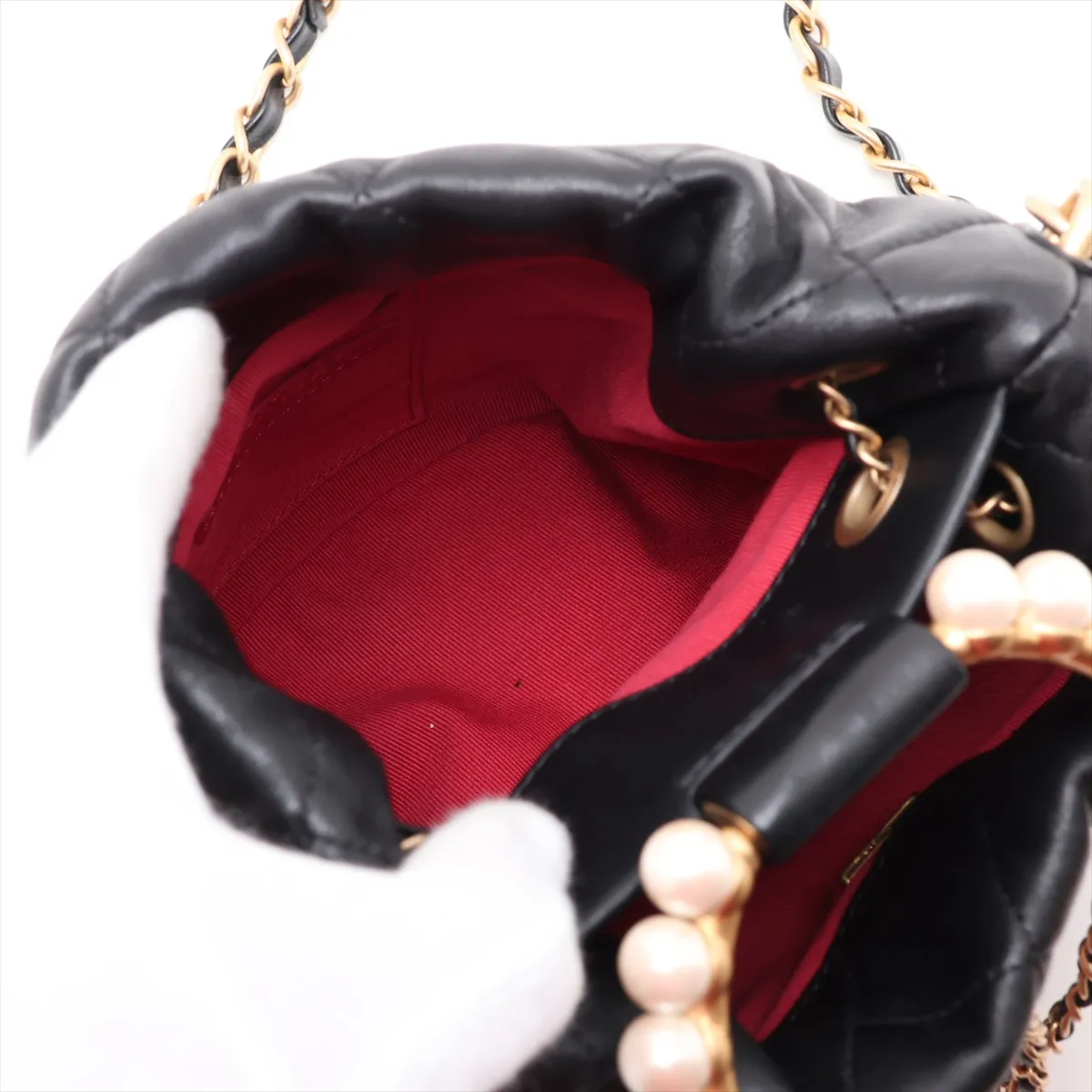 Matelassé Lambskin 2-Way Shoulder Bag with Pearl Drawstring, Black with Gold Hardware, G7L30JGC, Random Plate, AS2608 — view 9