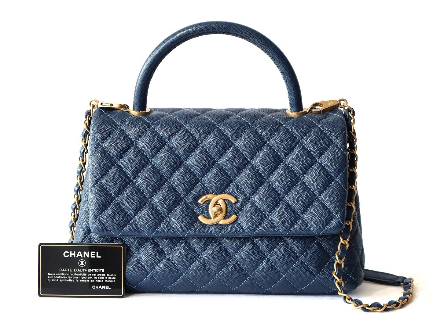 Caviar Skin Coco Handle 2-Way Chain Shoulder Bag, Navy