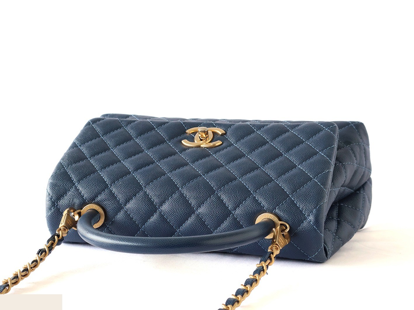 Caviar Skin Coco Handle 2-Way Chain Shoulder Bag, Navy — view 5