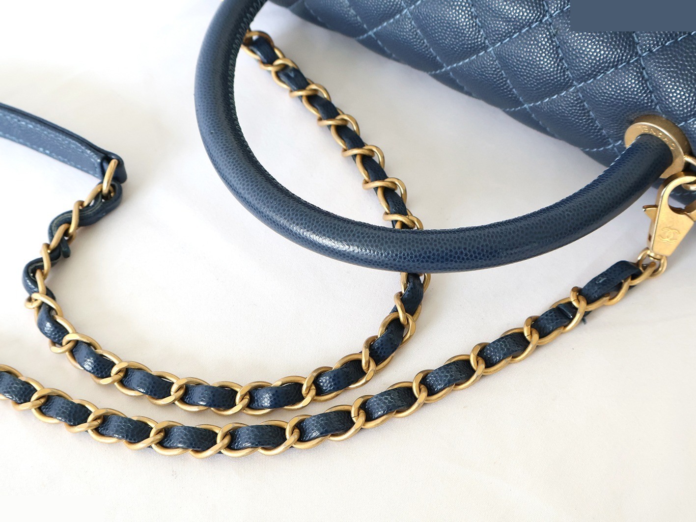 Caviar Skin Coco Handle 2-Way Chain Shoulder Bag, Navy — view 6