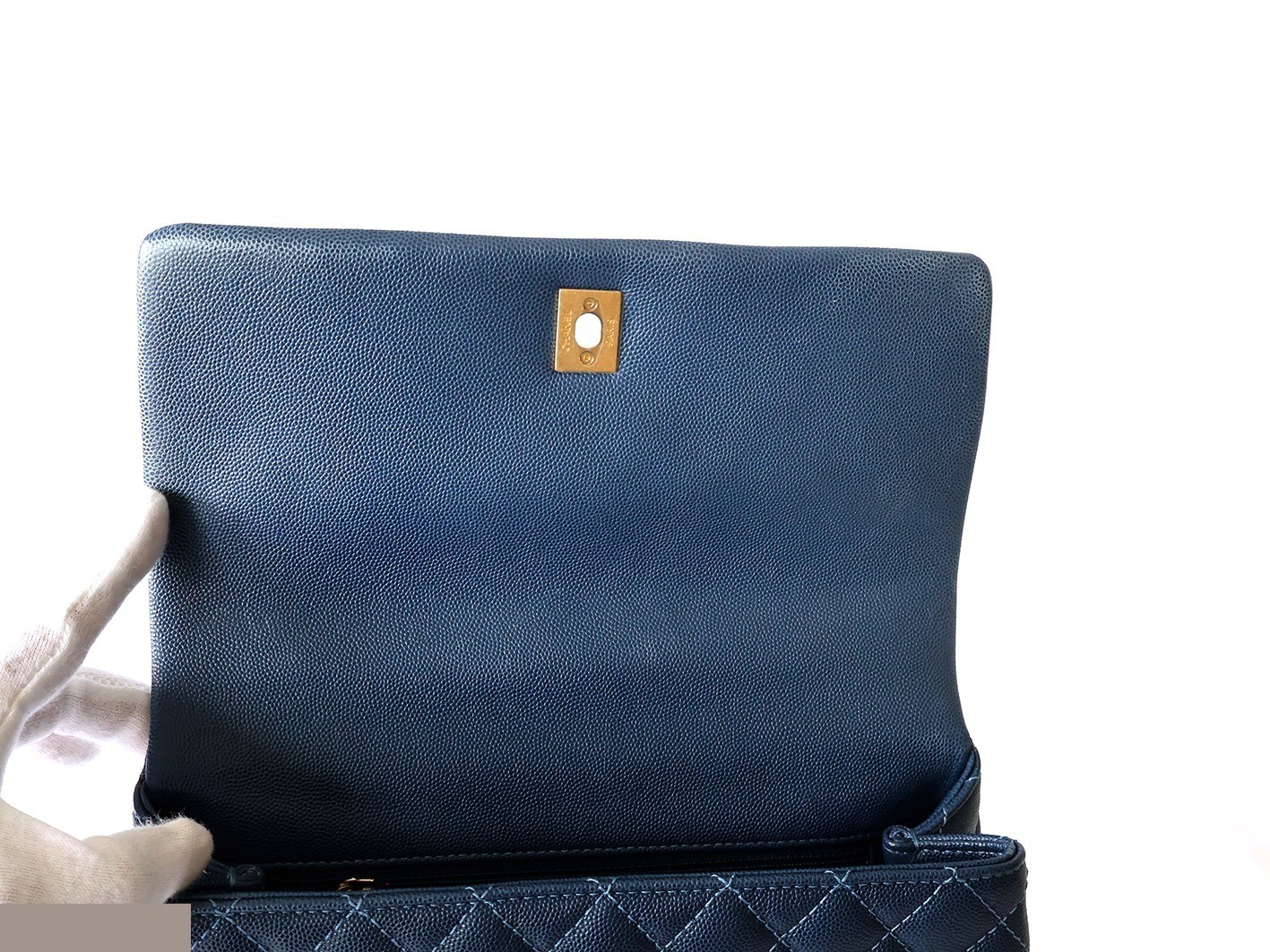 Caviar Skin Coco Handle 2-Way Chain Shoulder Bag, Navy — view 8