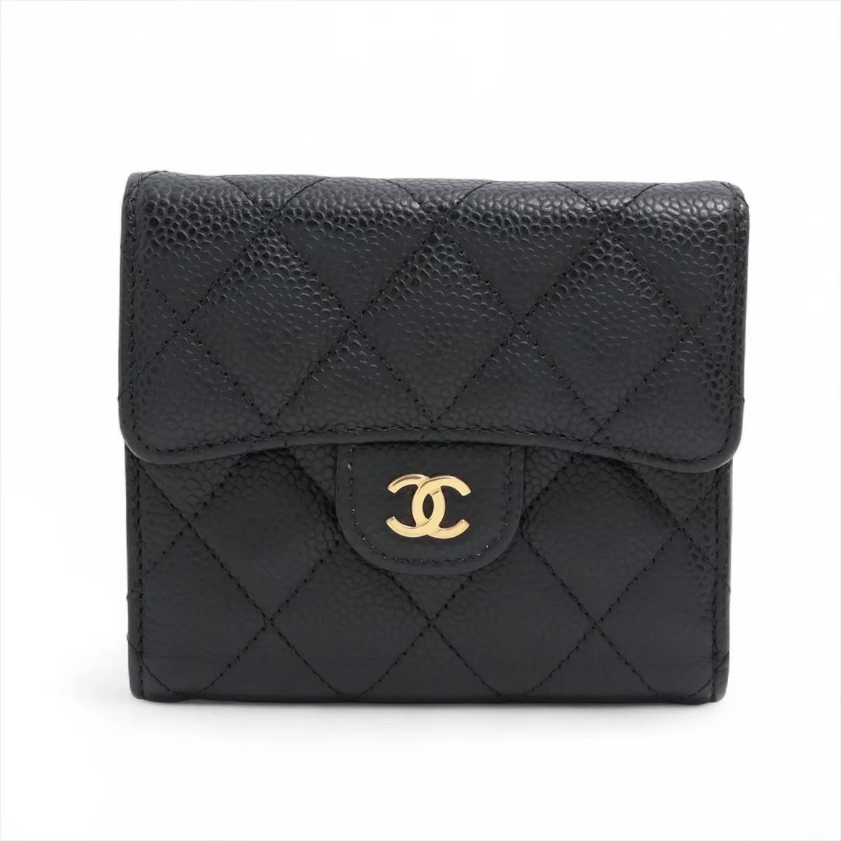 Matelassé Caviar Skin Compact Wallet, Black with Gold Hardware, LH6E1UUK