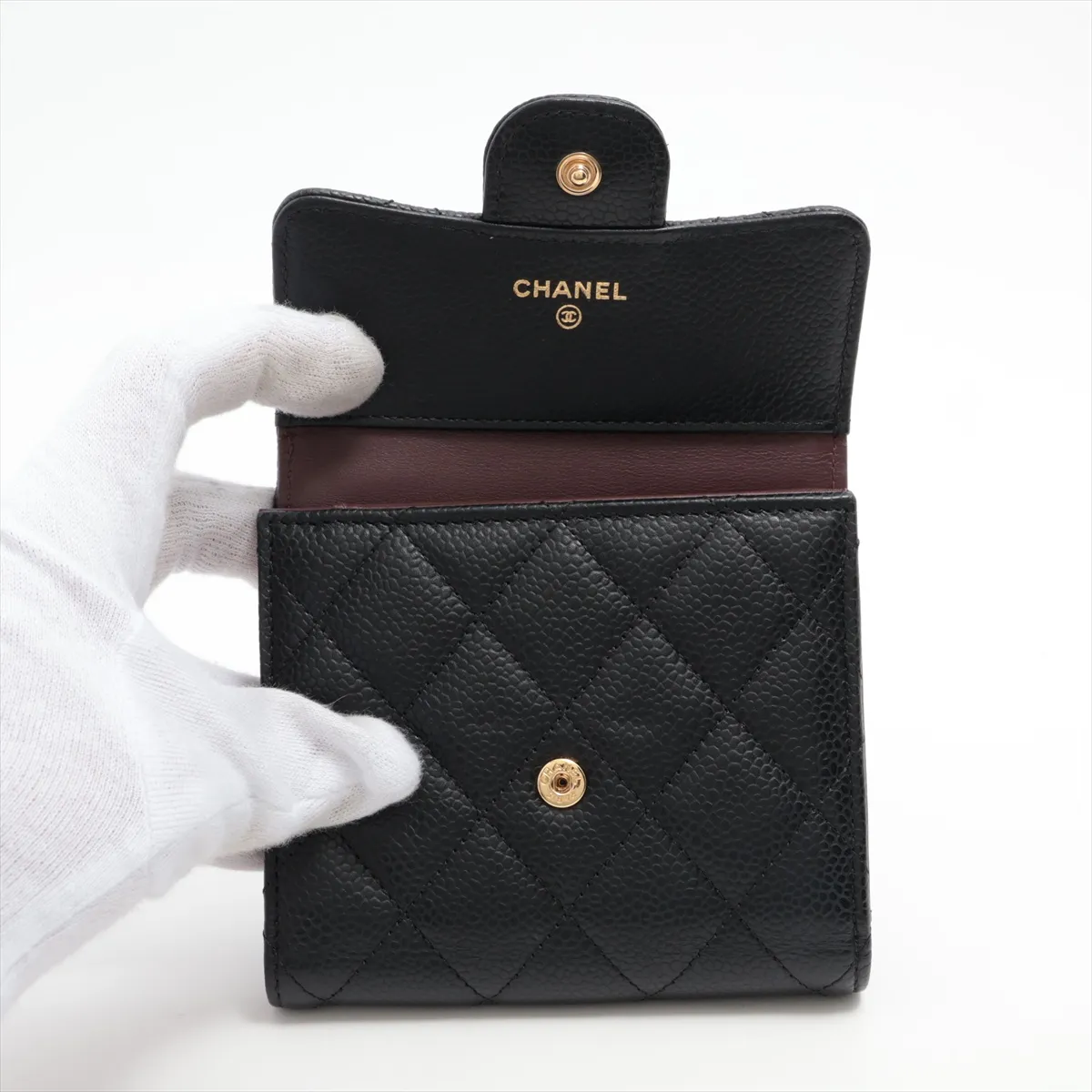 Matelassé Caviar Skin Compact Wallet, Black with Gold Hardware, LH6E1UUK — view 3