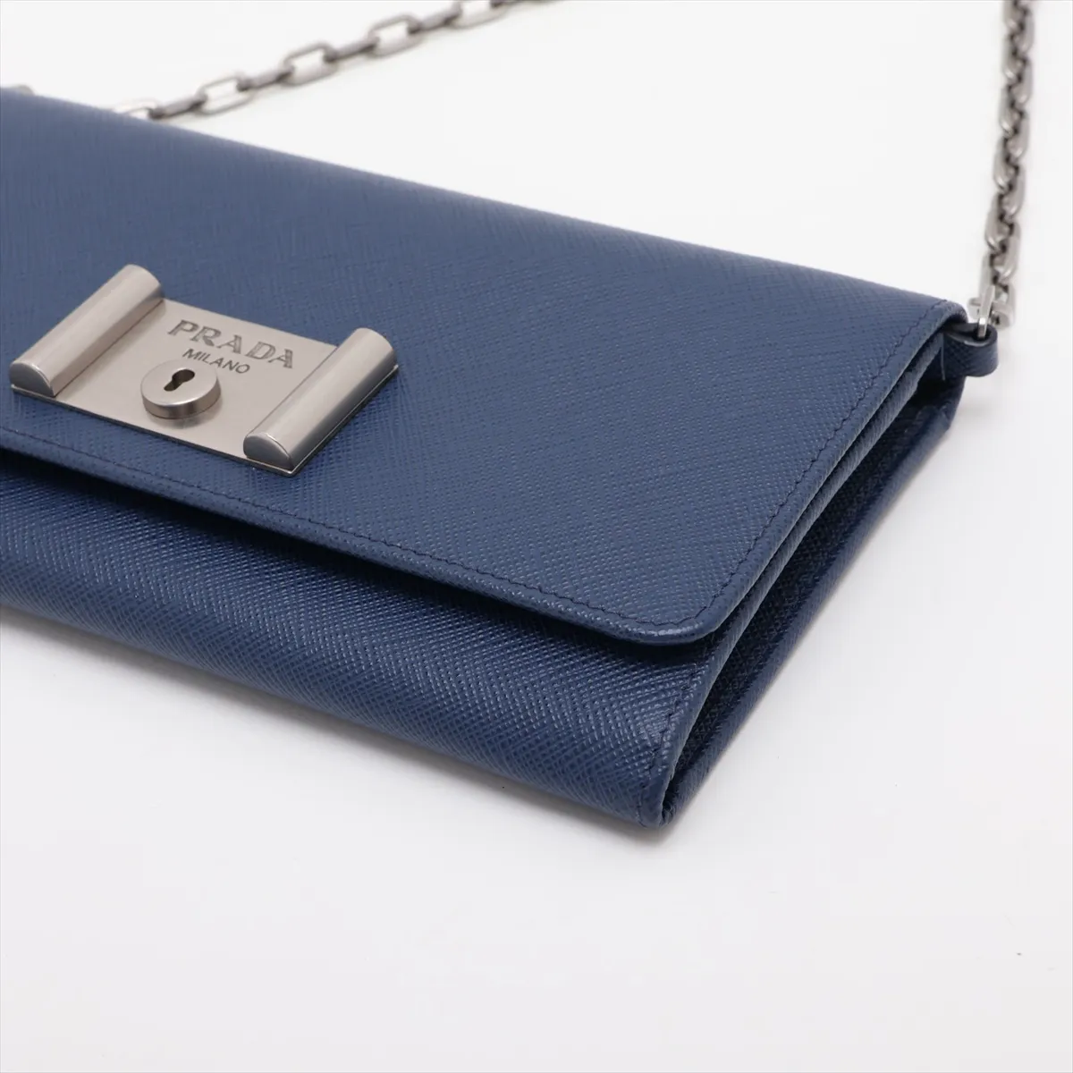 Saffiano Leather Chain Wallet, Blue, 1MT440 — view 3