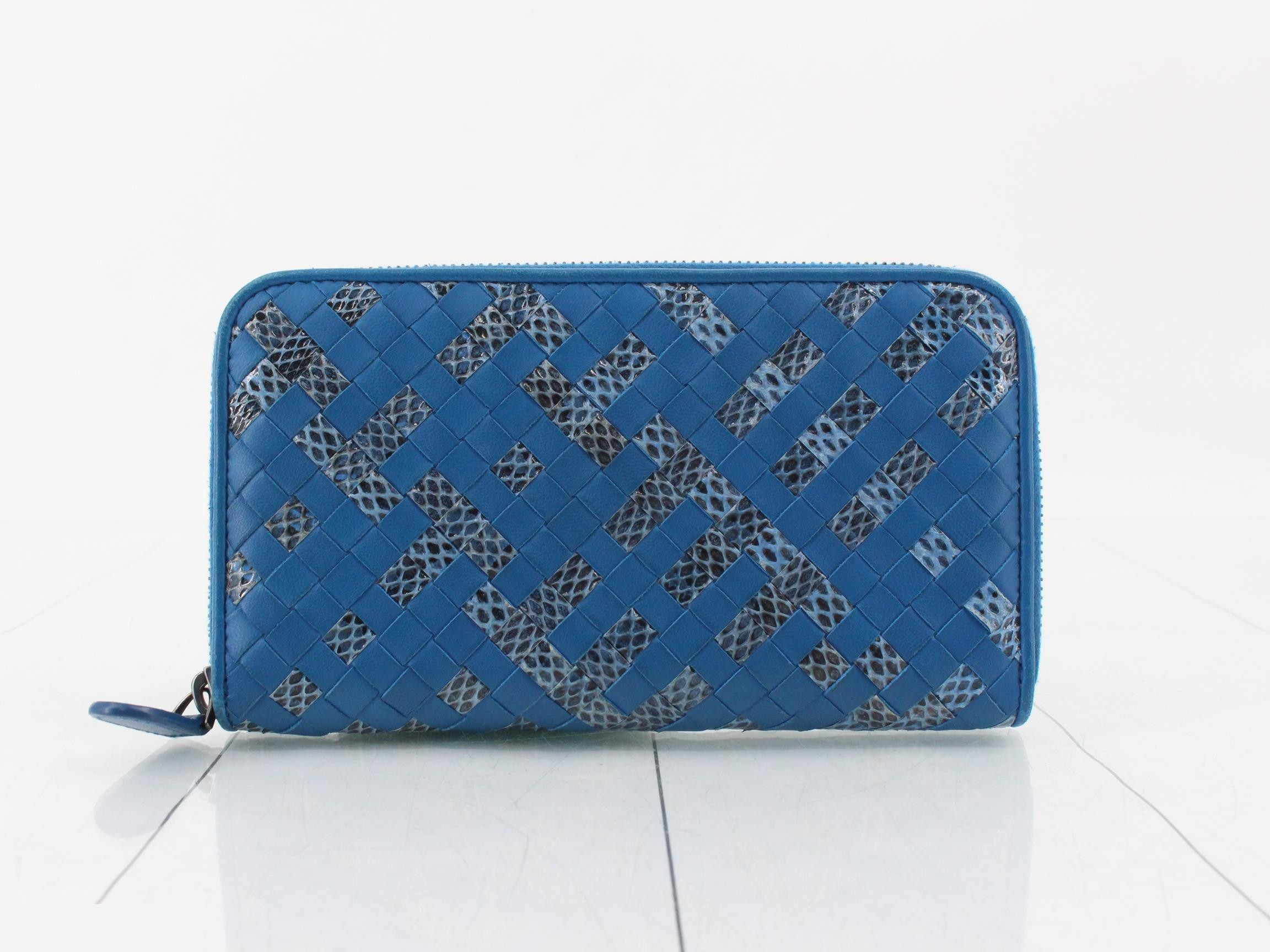 Lambskin x Snake Round Zip Long Wallet, Blue