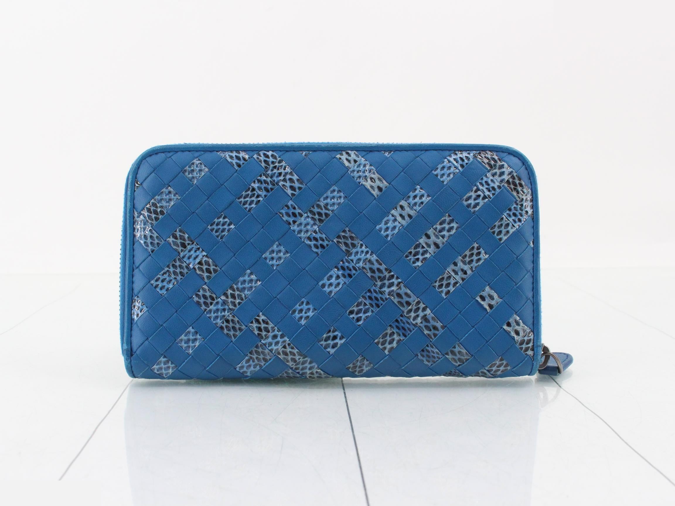 Lambskin x Snake Round Zip Long Wallet, Blue — view 2