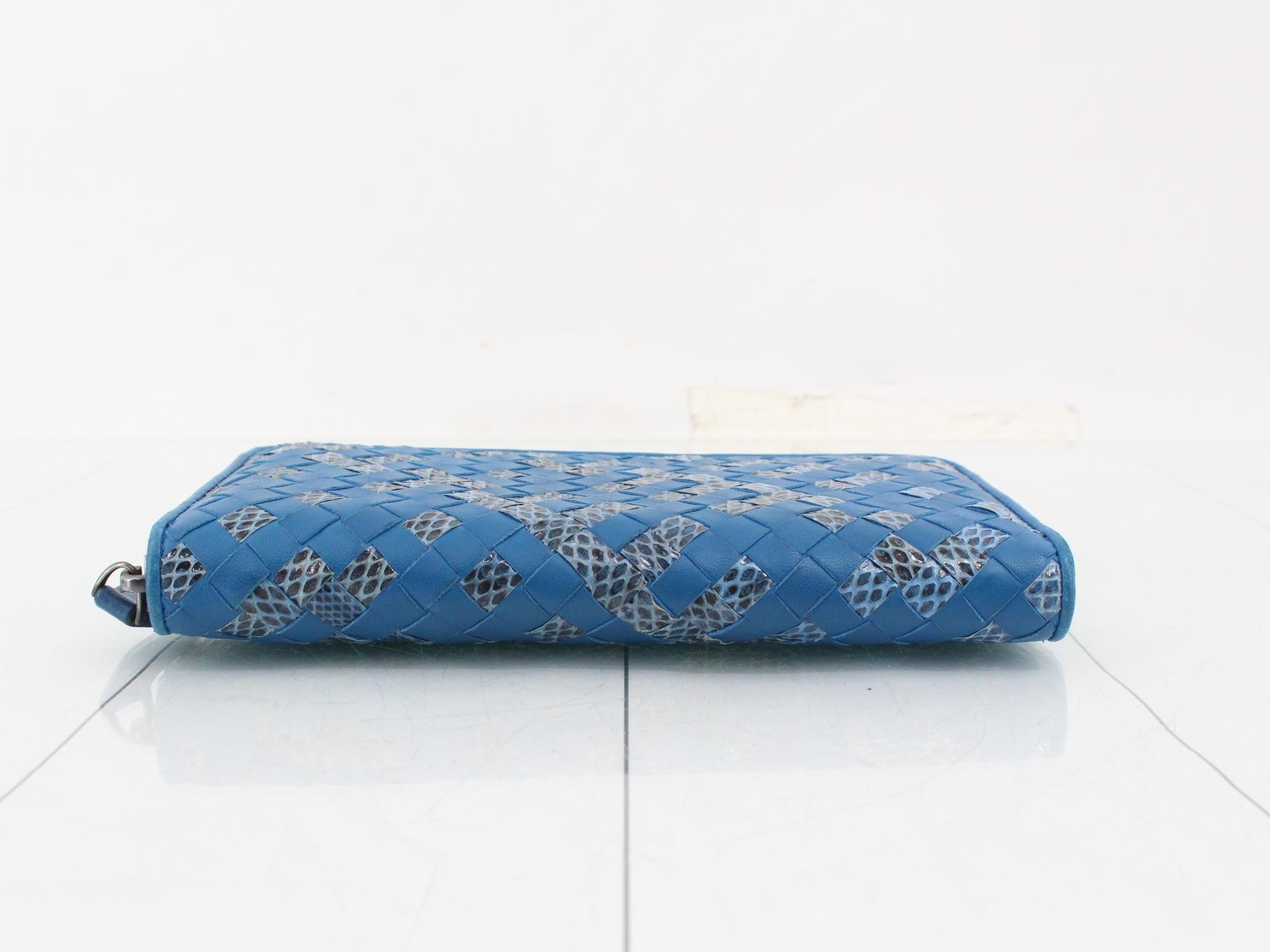 Lambskin x Snake Round Zip Long Wallet, Blue — view 3