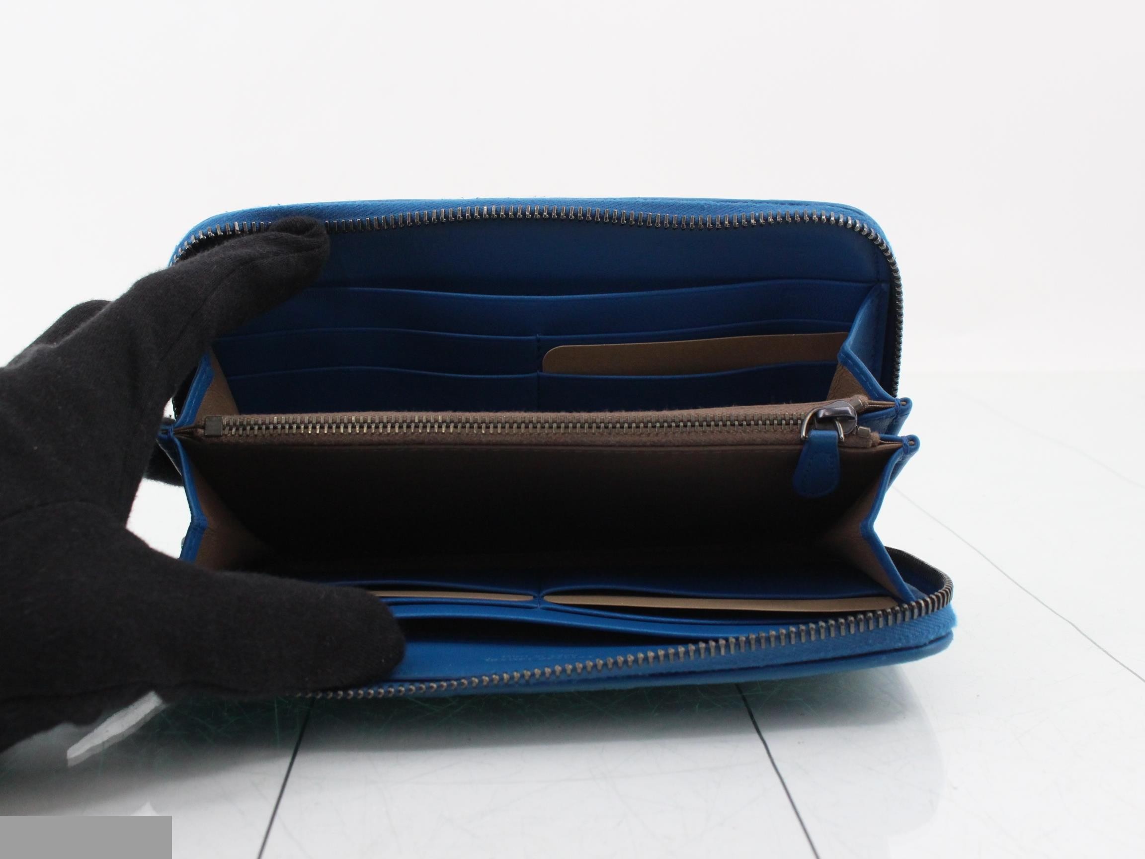 Lambskin x Snake Round Zip Long Wallet, Blue — view 4