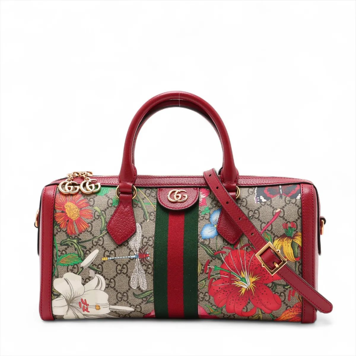 GG Flora PVC x Leather 2-Way Handbag, Red x Beige, 524532