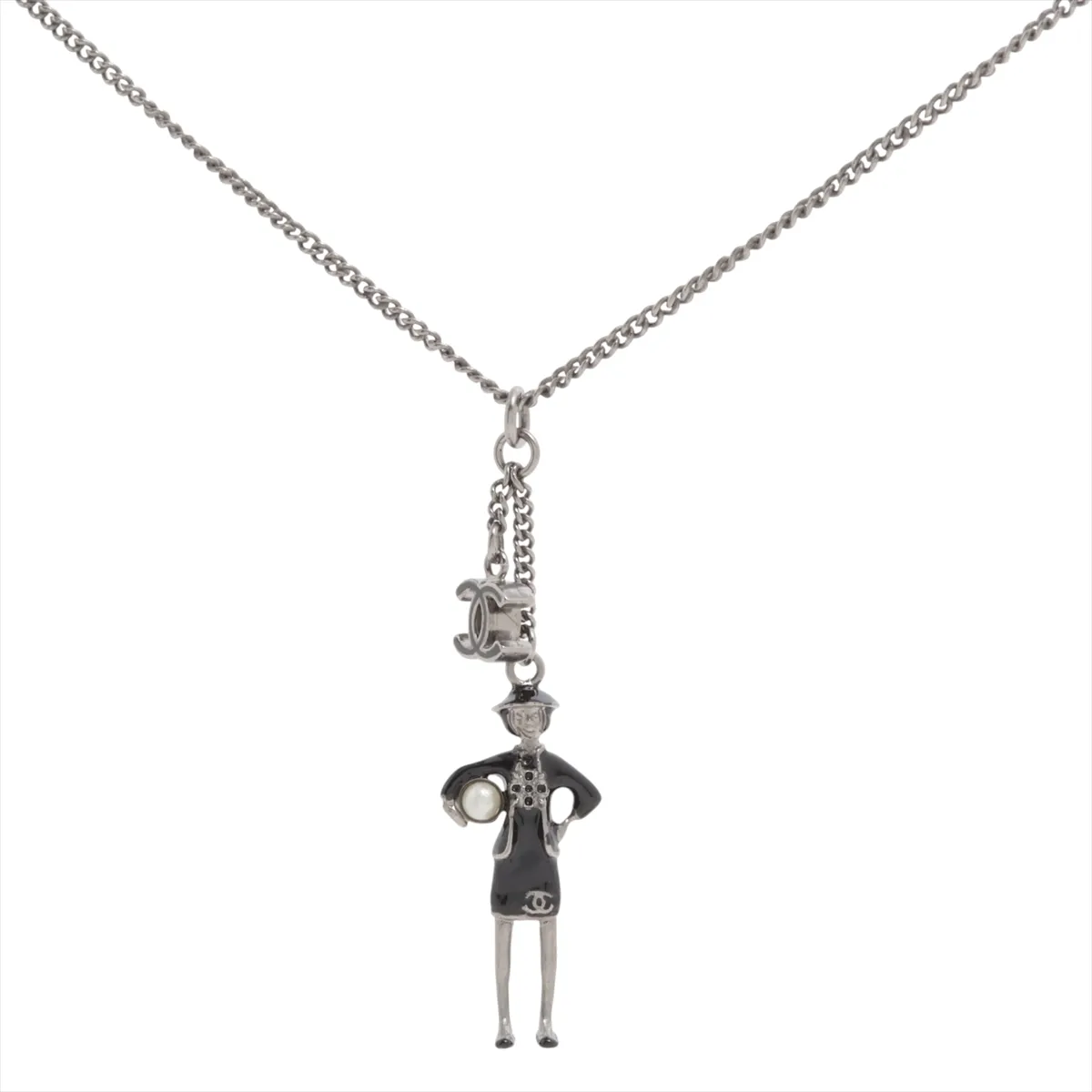 Mademoiselle B12A Necklace, Gold Plated x Faux Pearl, Silver x Black. Shows signs of wear,