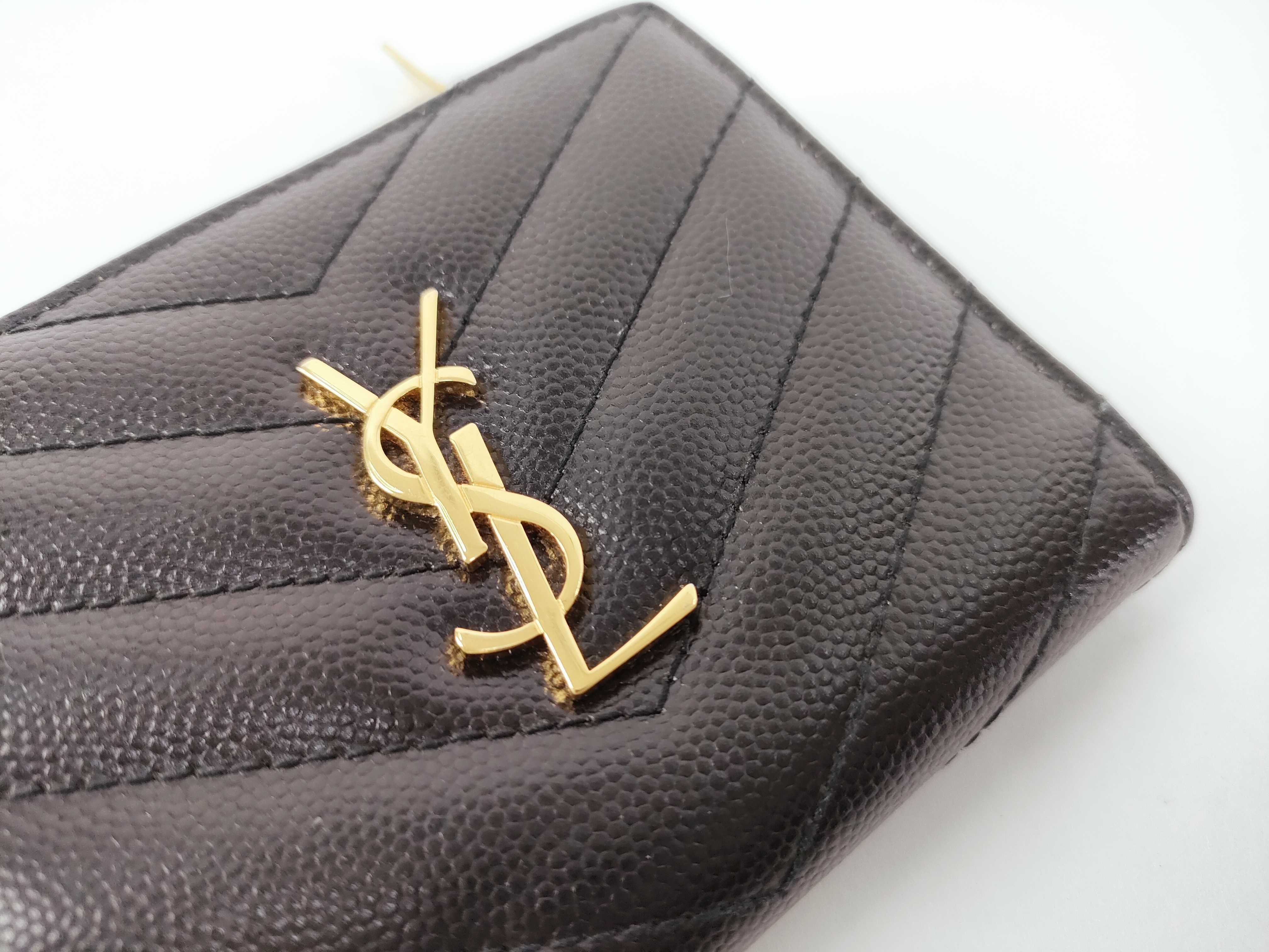V-stitch Leather Compact Wallet, Black — view 12