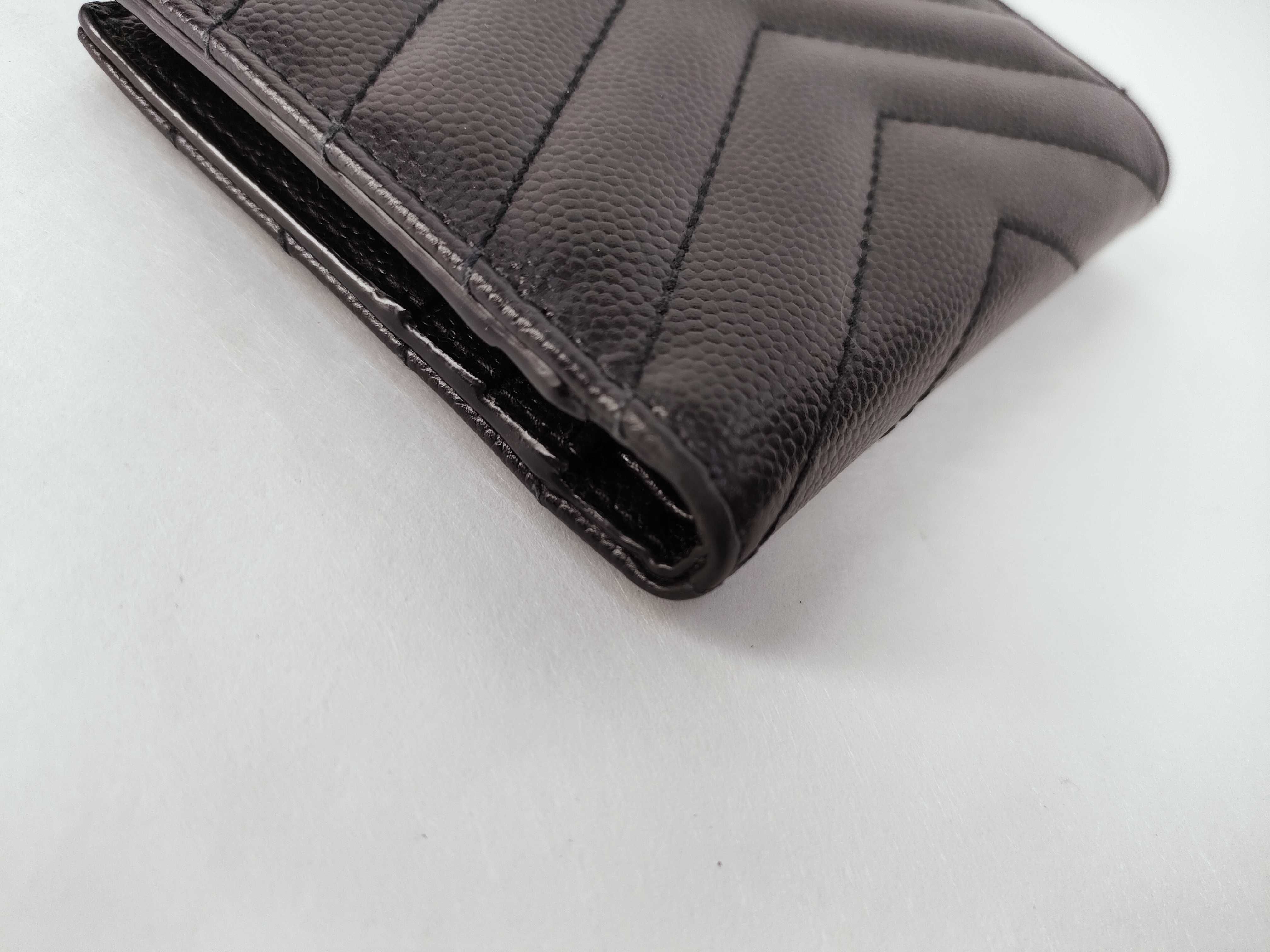 V-stitch Leather Compact Wallet, Black — view 3