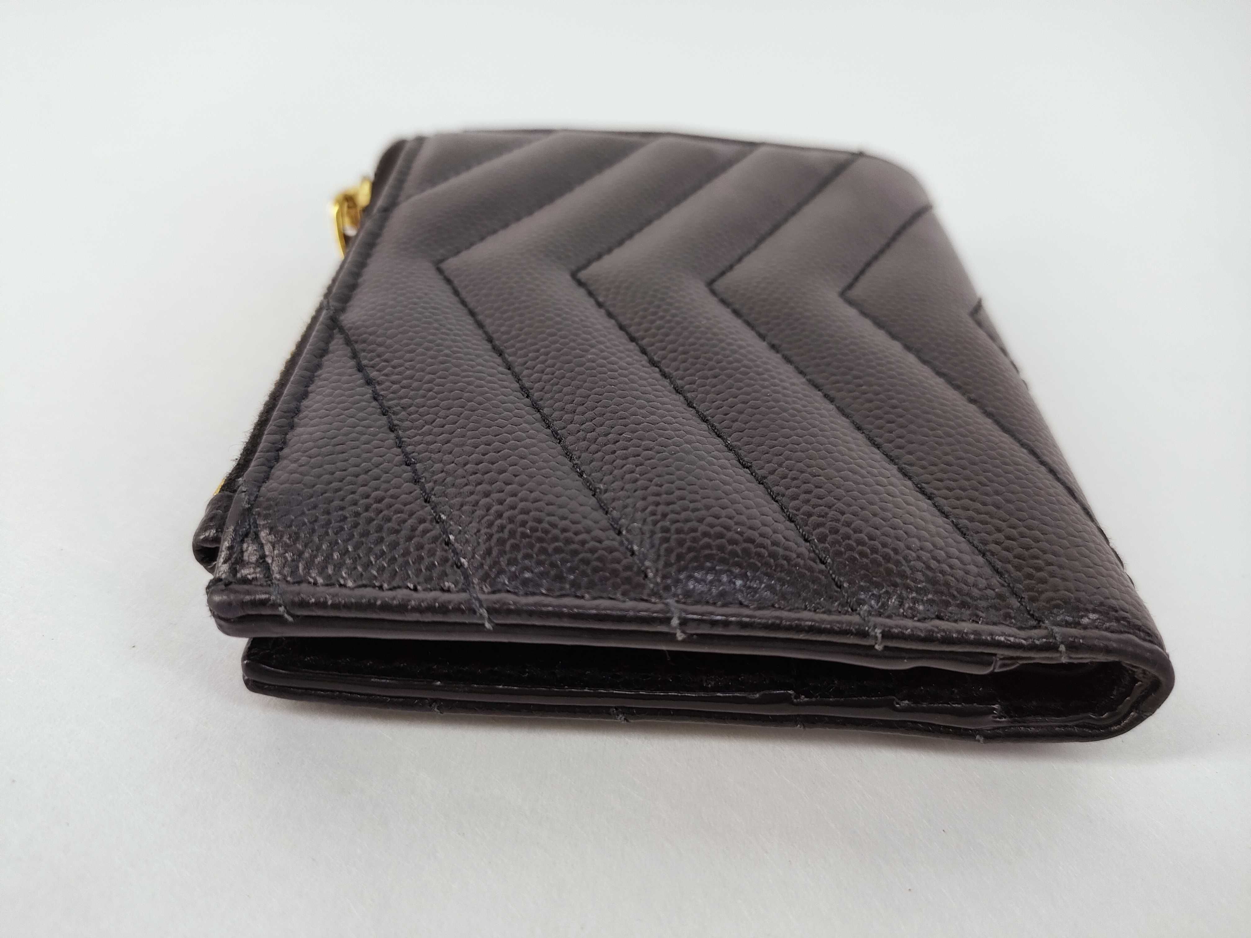 V-stitch Leather Compact Wallet, Black — view 4