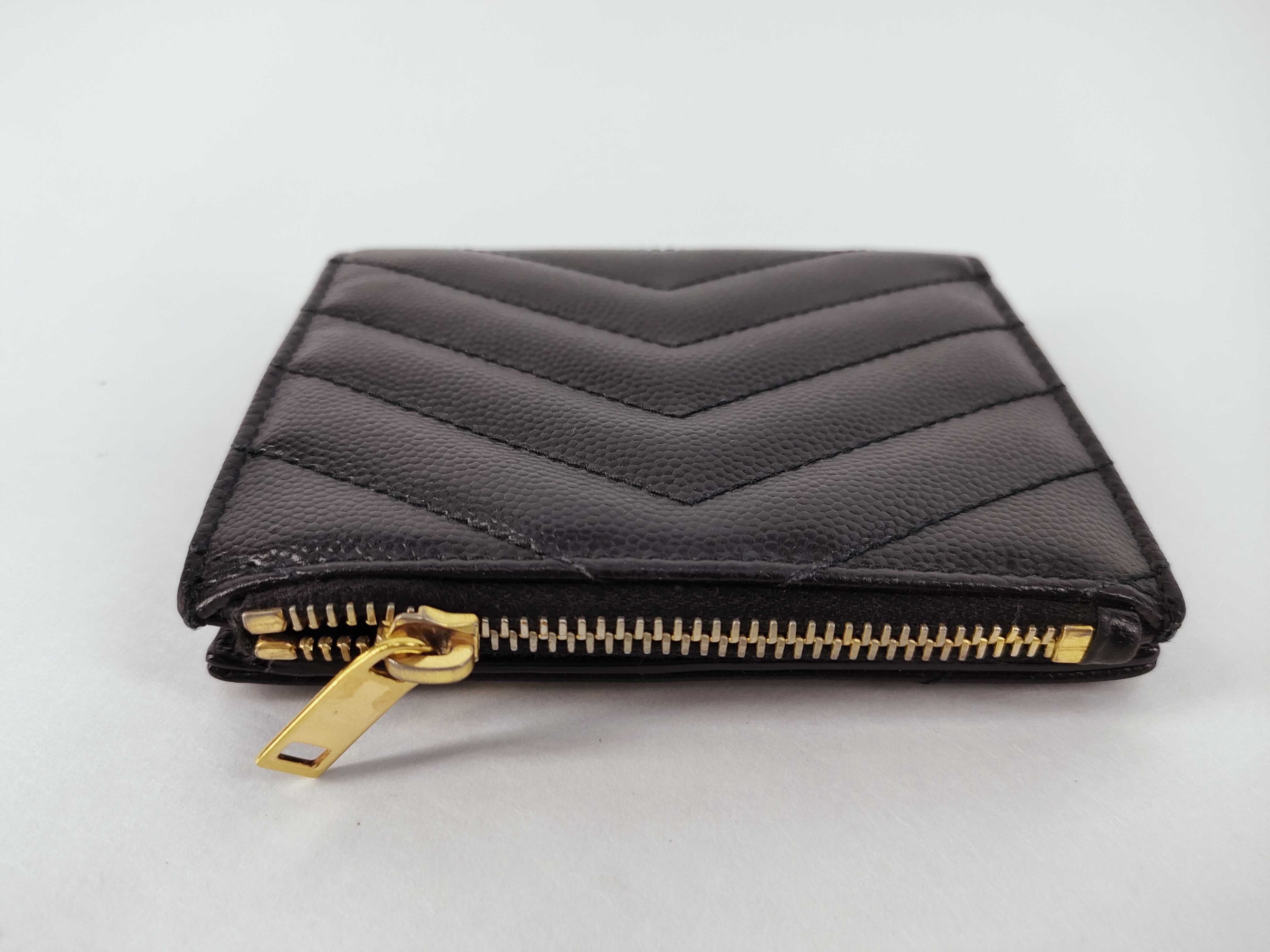 V-stitch Leather Compact Wallet, Black — view 5