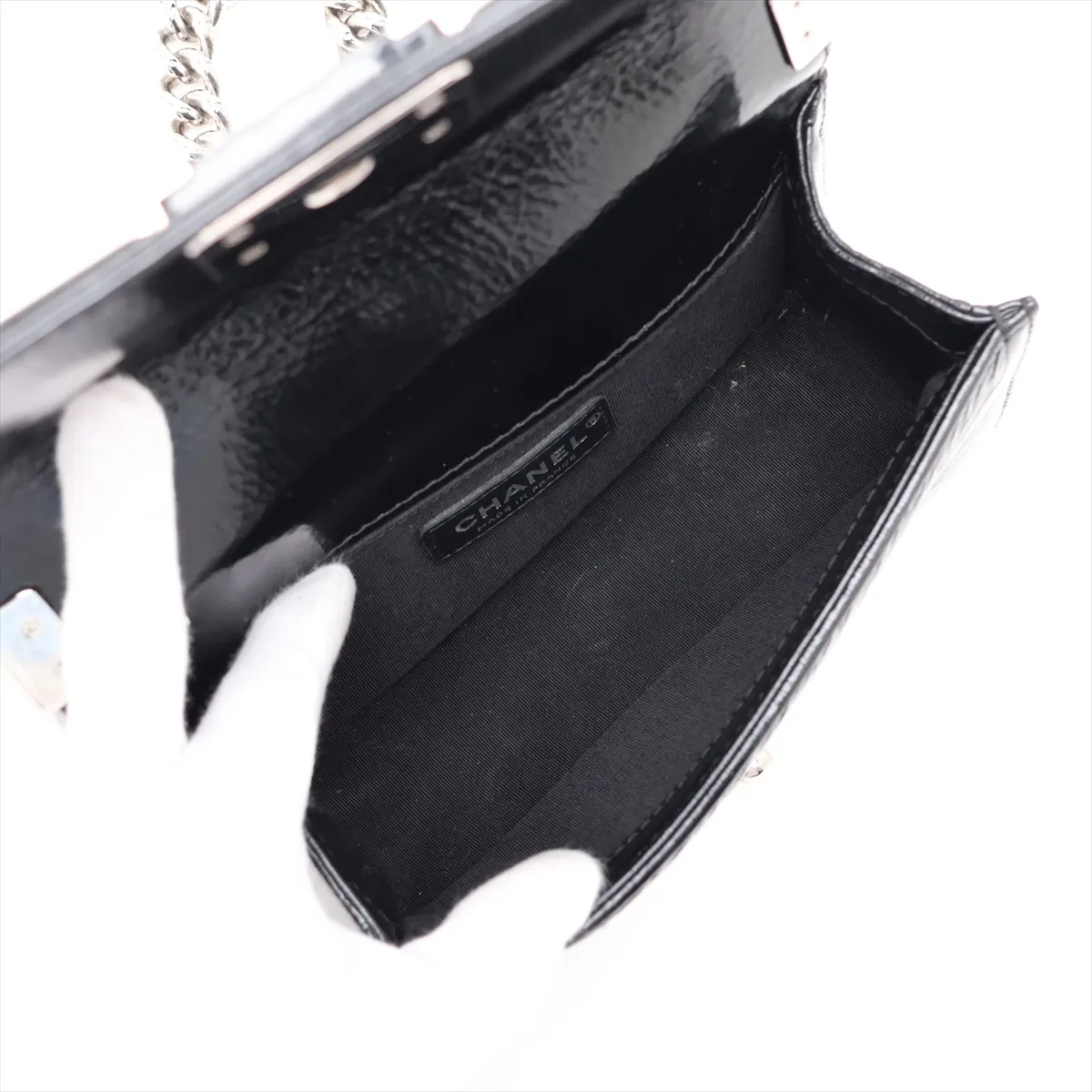 Boy Chanel 20 Small Patent Leather Chain Shoulder Bag, Black with Gold Hardware, 25736877, Serial Number 25-series, A67085 — view 7