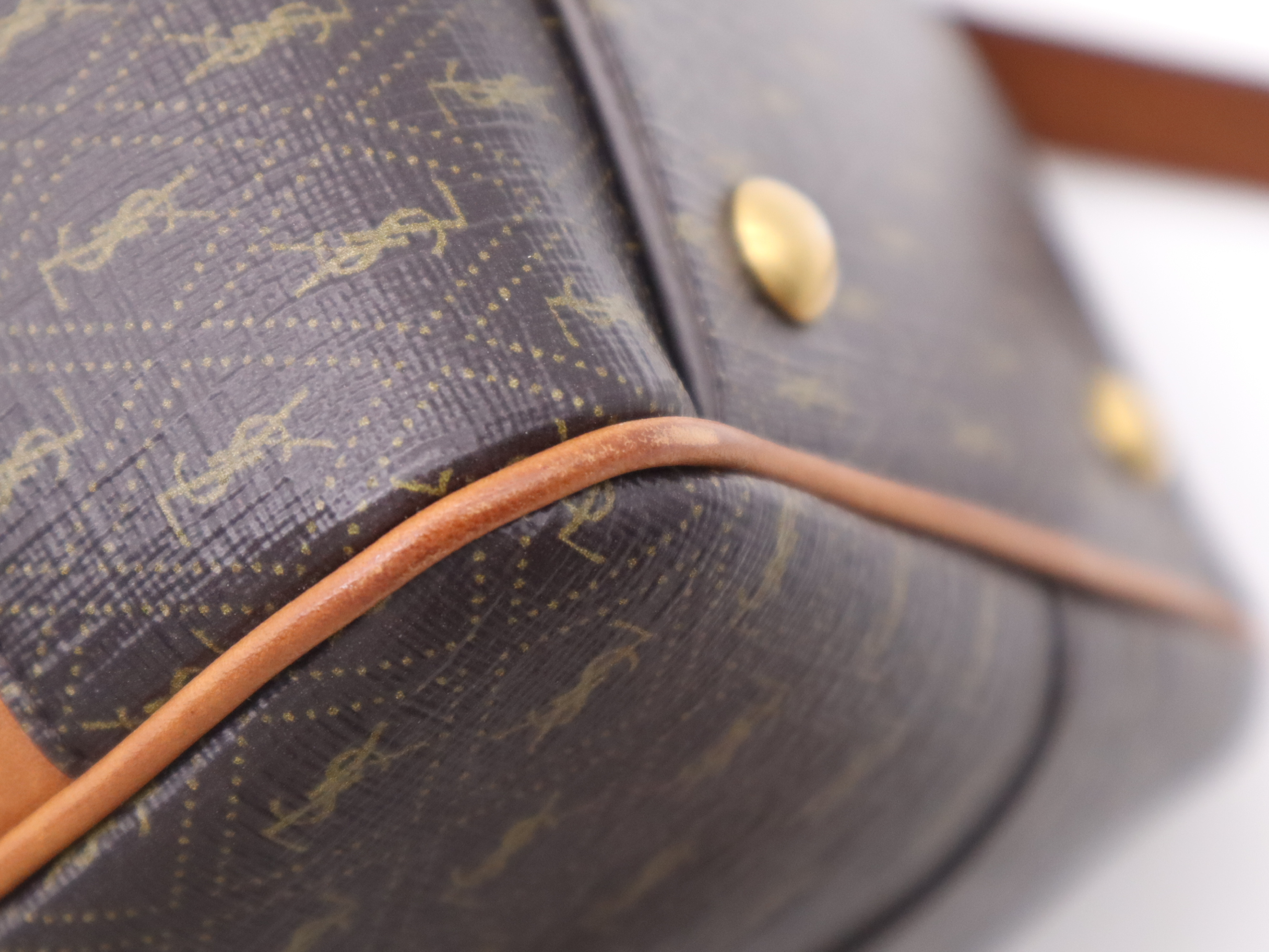 Canvas/Leather Baby Duffle Bag, Brown/Light Brown, Gold Hardware, with Shoulder Strap, Handbag — view 11