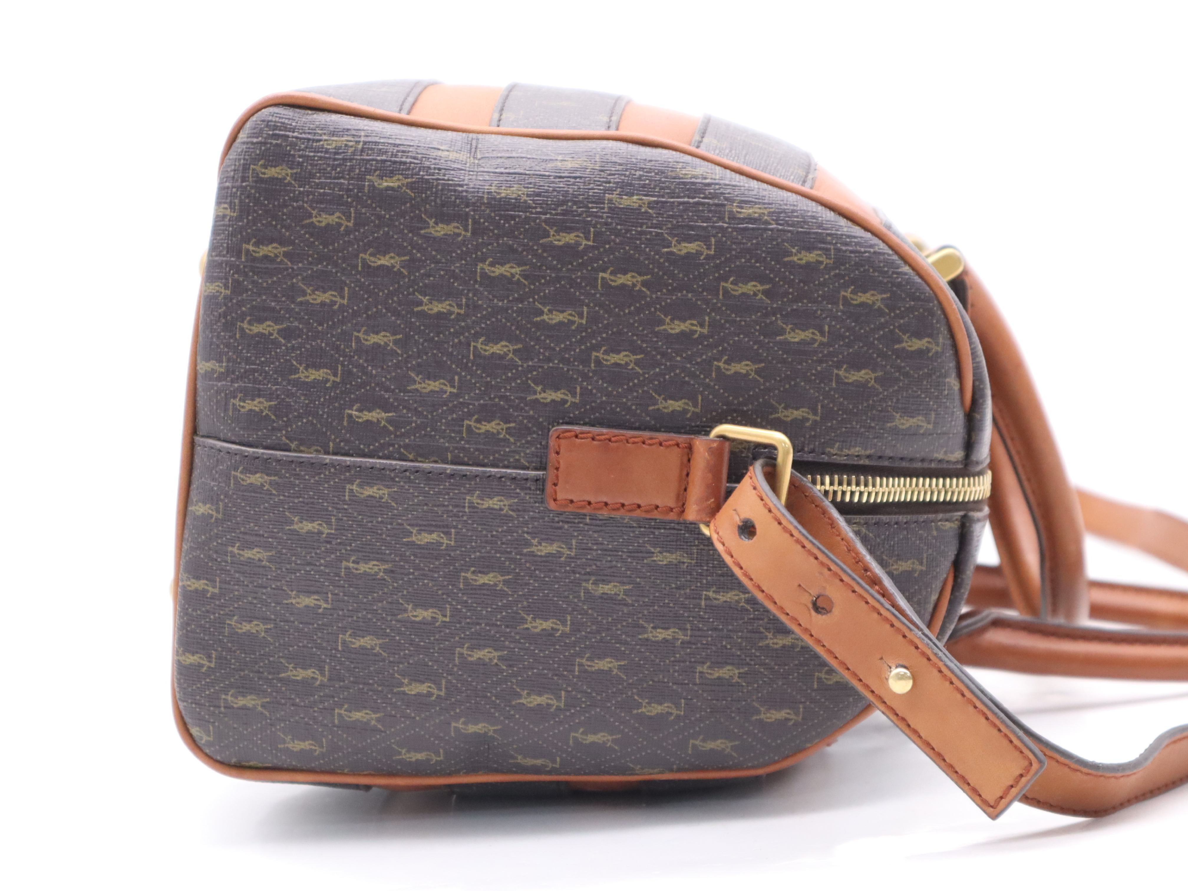 Canvas/Leather Baby Duffle Bag, Brown/Light Brown, Gold Hardware, with Shoulder Strap, Handbag — view 5
