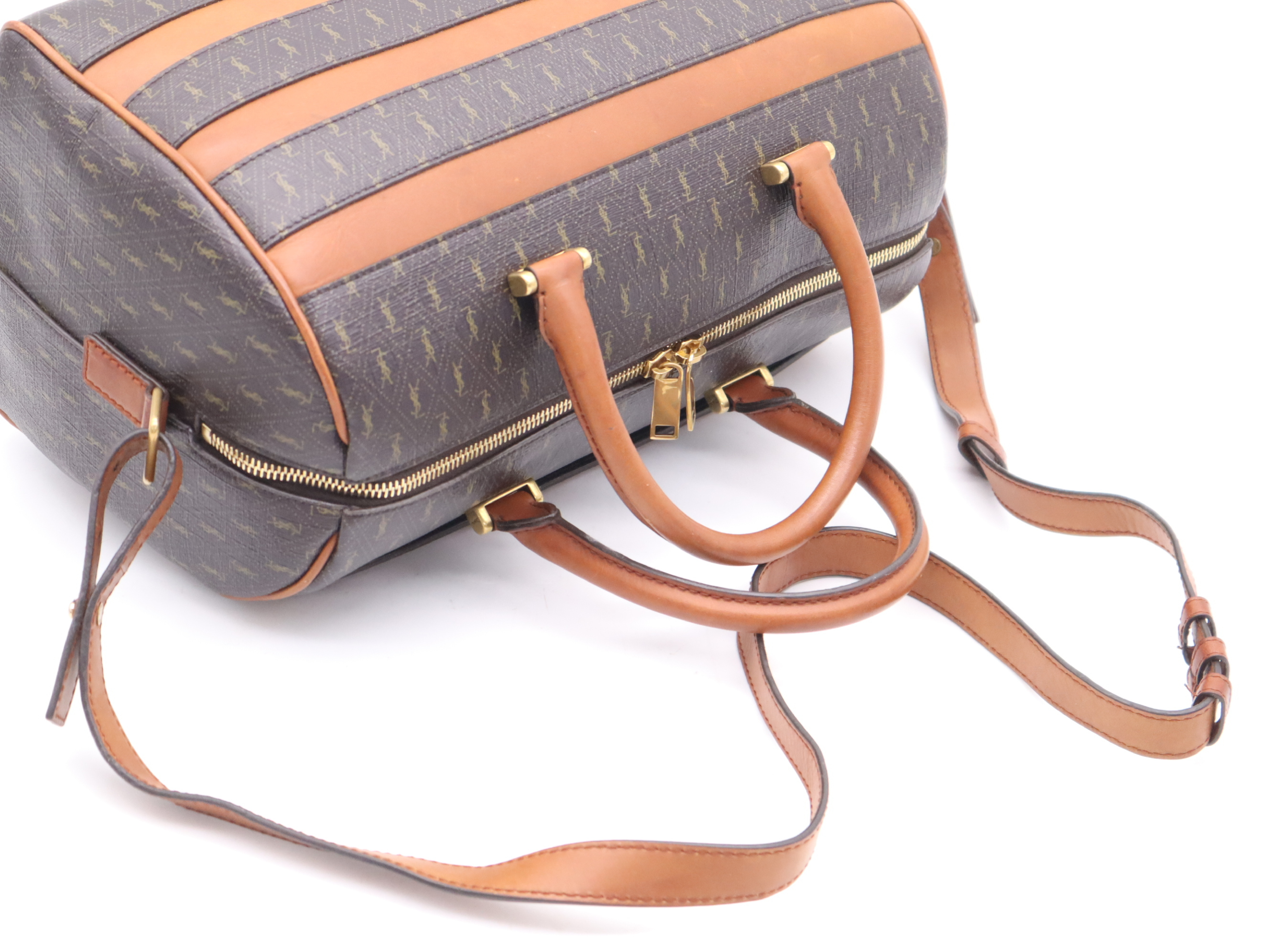 Canvas/Leather Baby Duffle Bag, Brown/Light Brown, Gold Hardware, with Shoulder Strap, Handbag — view 6