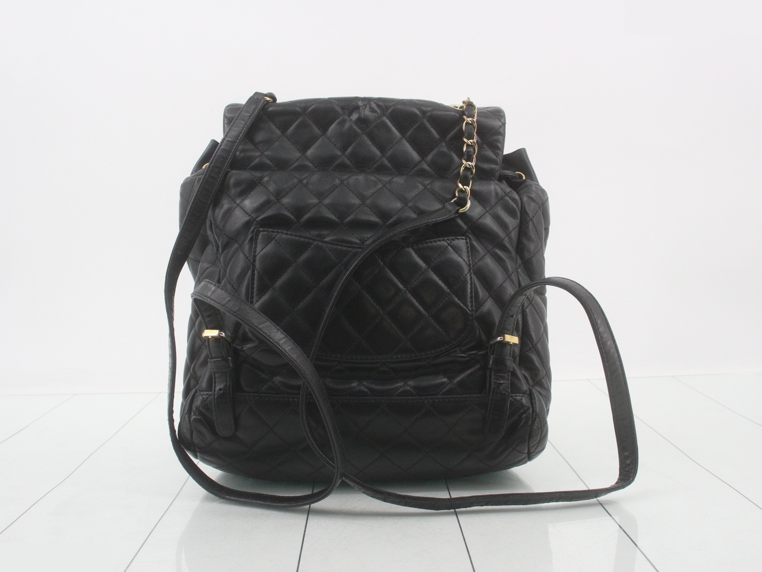 Matelassé Chain Backpack, Lambskin, Black. — view 2