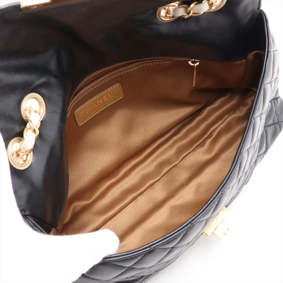 2.55 Lambskin Single Flap Double Chain Bag, Black x White, Gold Hardware, 15916568, Serial Number 15 — view 7