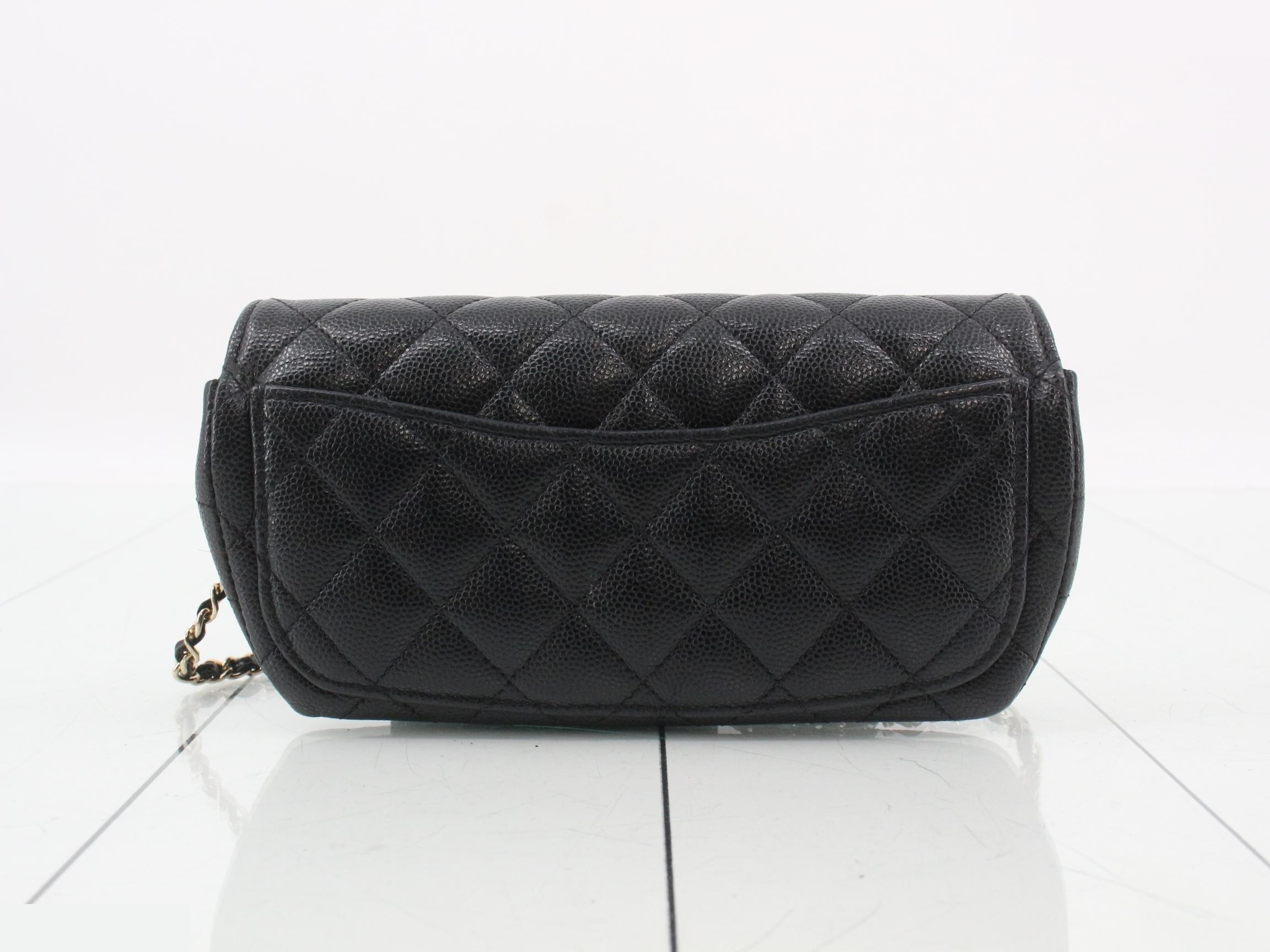 Matelassé caviar leather shoulder bag with glasses case, black, gold hardware. — view 2