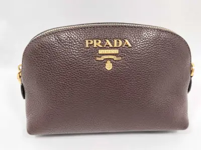 1ND005 Vitello Logo Pouch, Gold Hardware, Dark Brown Pouch
