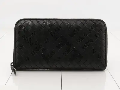Intrecciato Zip-Around Wallet, Lambskin x Python, Black