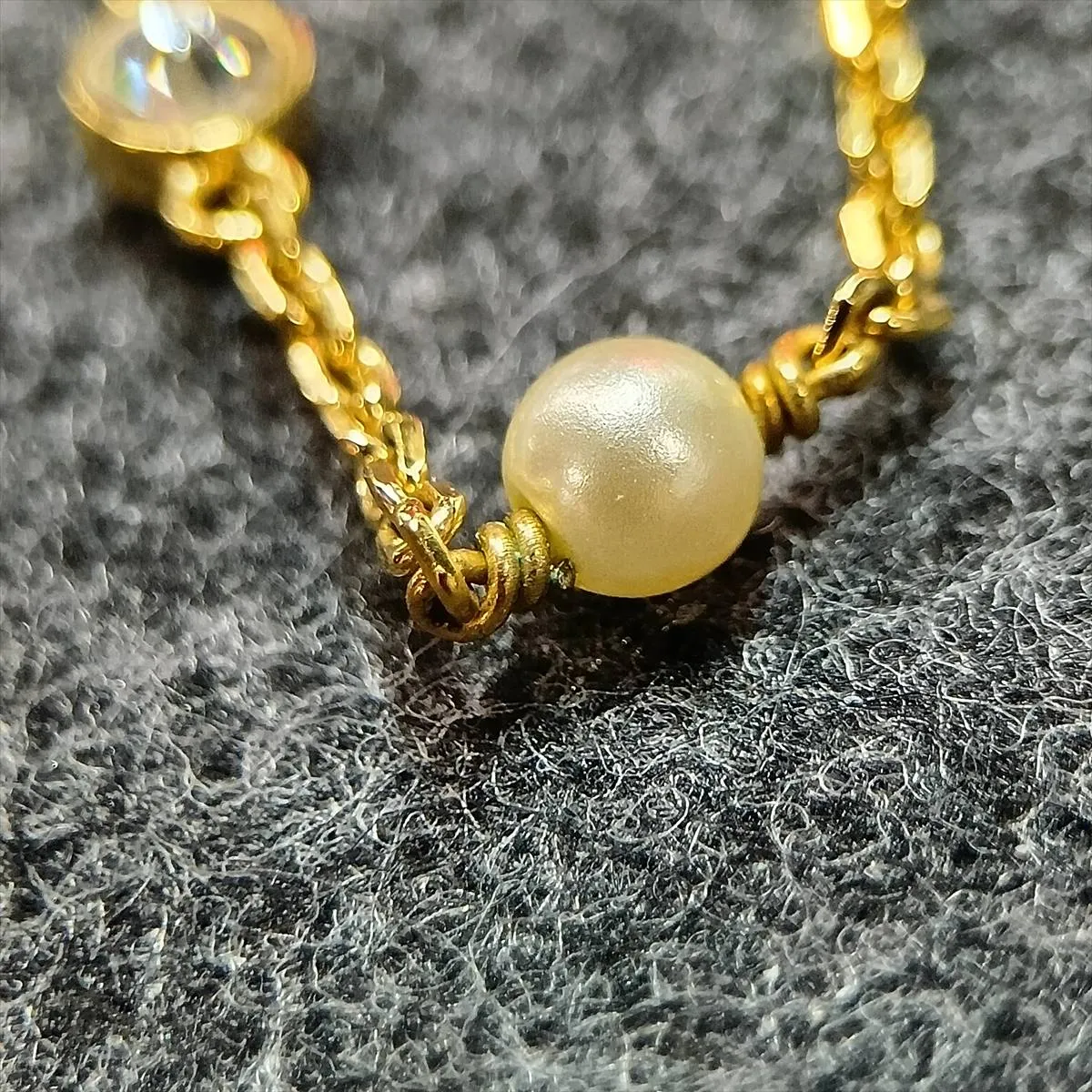 Clair D Lune bracelet, gold-plated with rhinestones and faux pearls. Shows signs of wear, — view 6