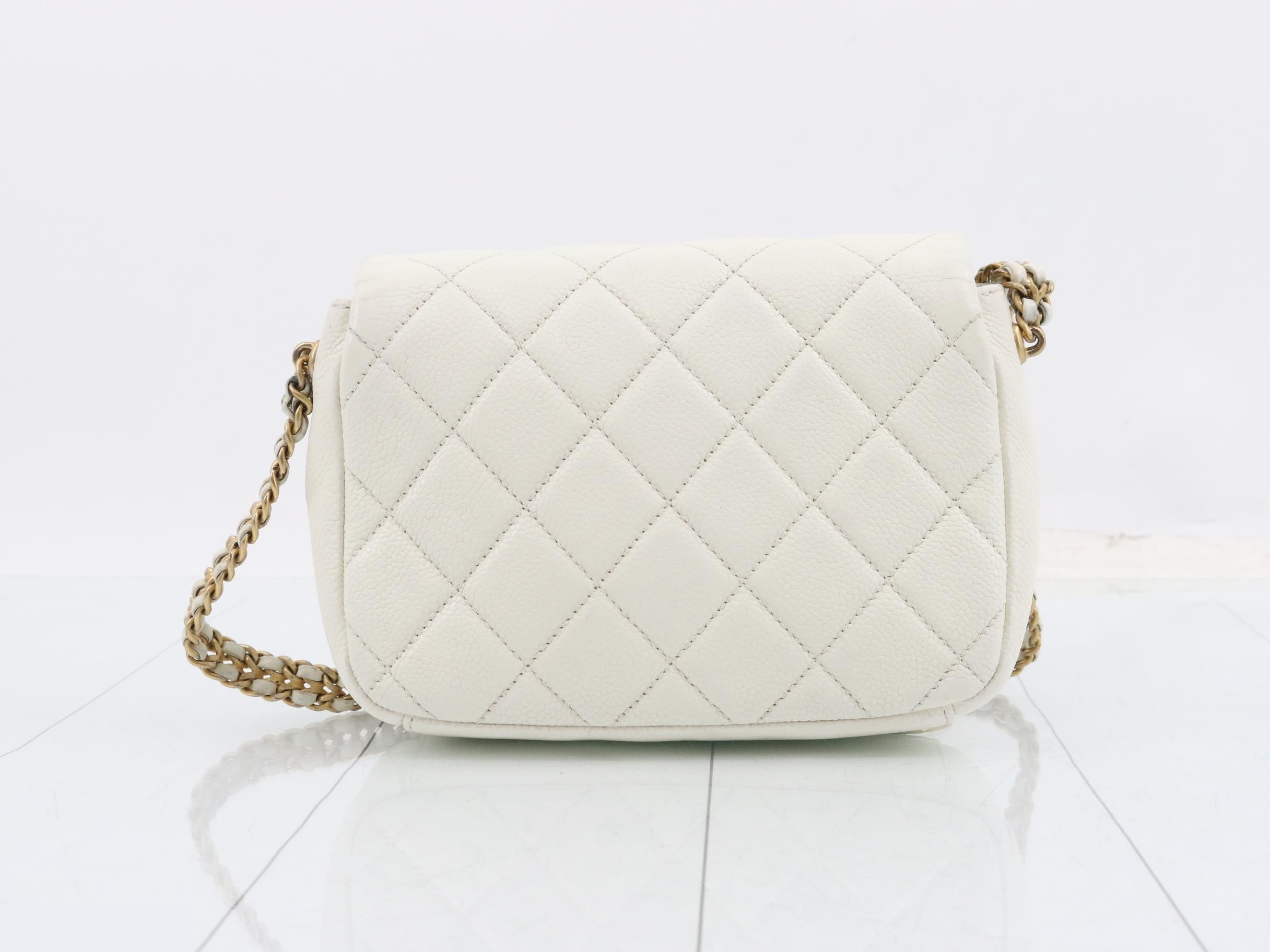 Matelassé Chain Shoulder Bag, Caviar Leather, White — view 2