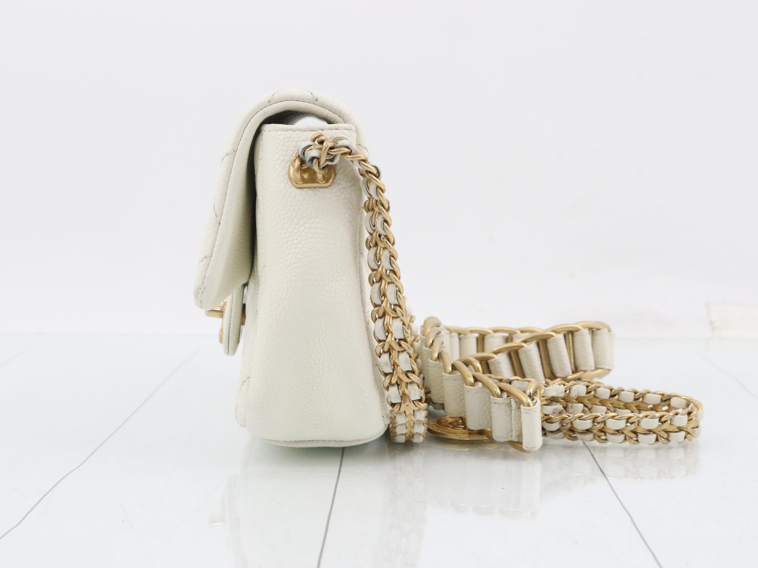 Matelassé Chain Shoulder Bag, Caviar Leather, White — view 3
