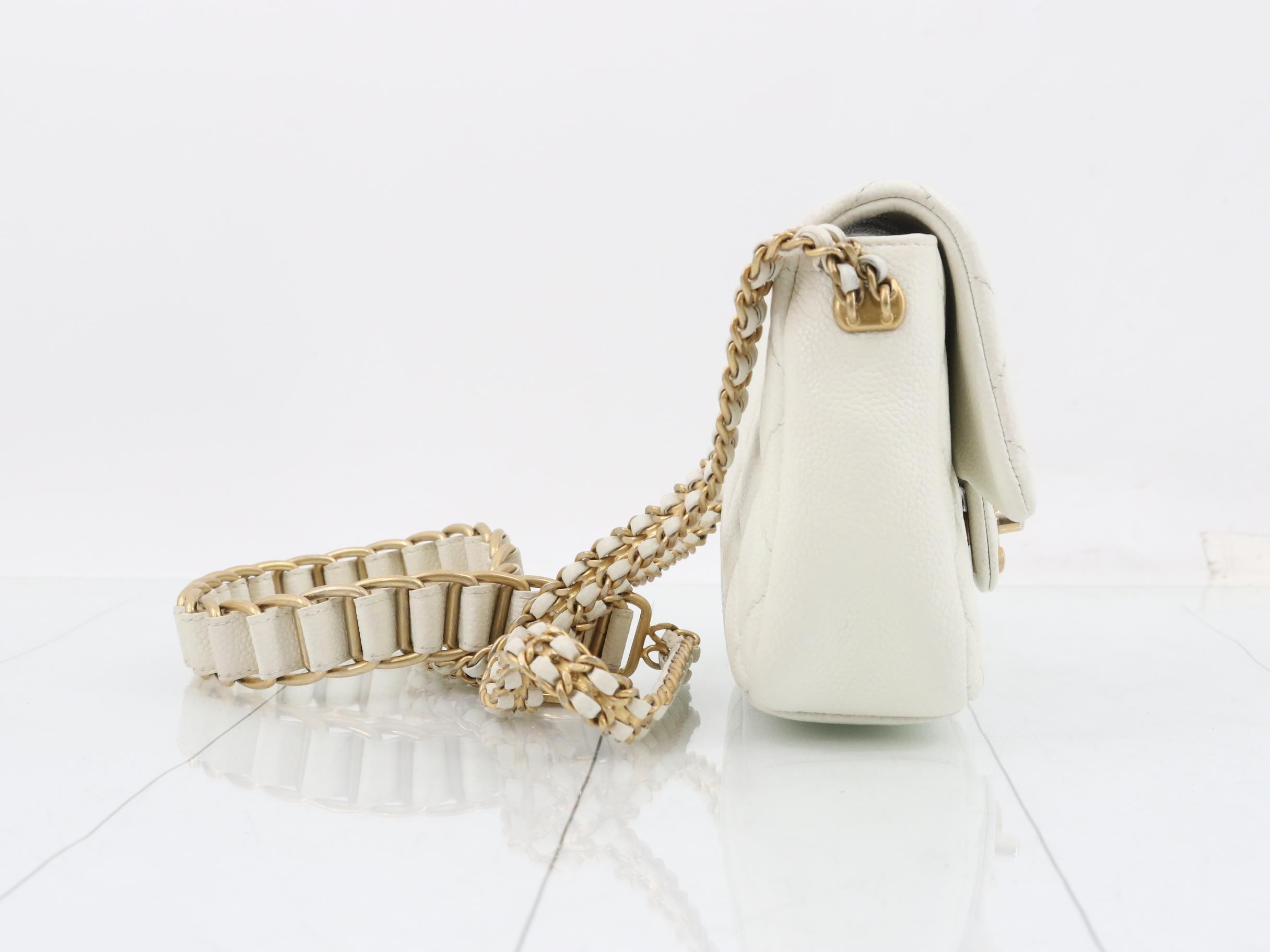Matelassé Chain Shoulder Bag, Caviar Leather, White — view 4