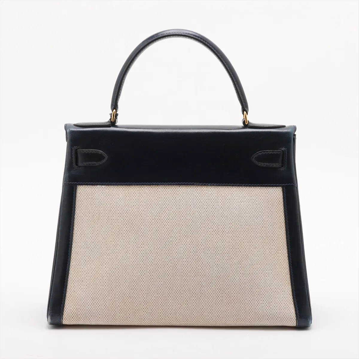 [Individually wrapped] Hermes Kelly 28 Serie Toile ash x box calf beige x blue indigo Gold hardware K: 1981 Cadena hardened lock — view 2