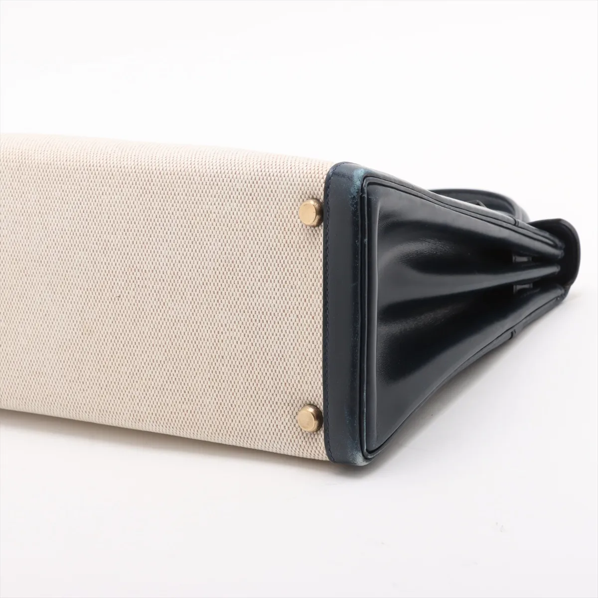 [Individually wrapped] Hermes Kelly 28 Serie Toile ash x box calf beige x blue indigo Gold hardware K: 1981 Cadena hardened lock — view 3