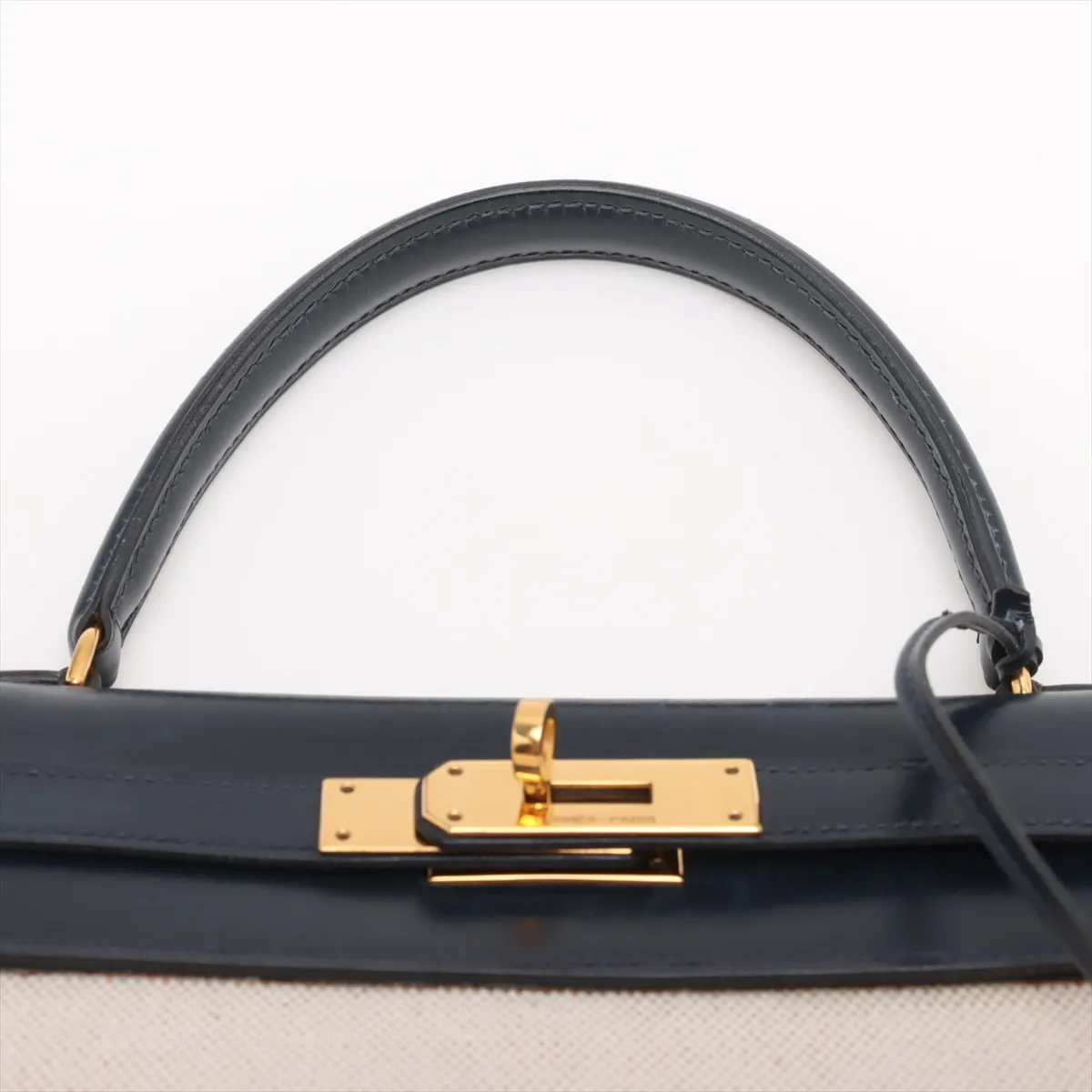 [Individually wrapped] Hermes Kelly 28 Serie Toile ash x box calf beige x blue indigo Gold hardware K: 1981 Cadena hardened lock — view 5