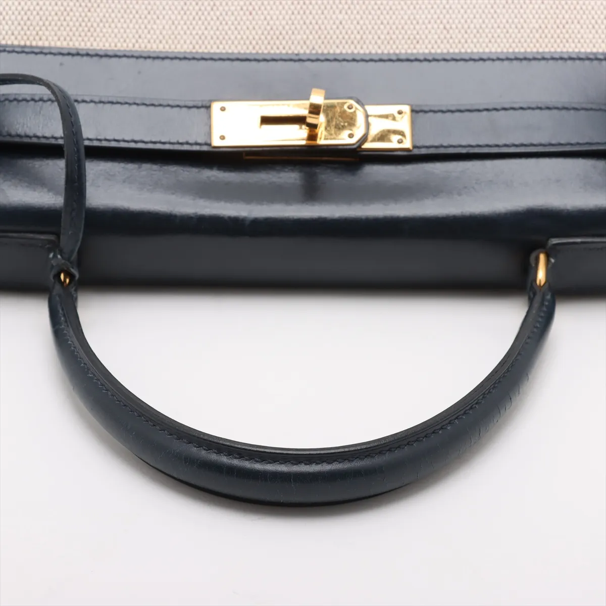 [Individually wrapped] Hermes Kelly 28 Serie Toile ash x box calf beige x blue indigo Gold hardware K: 1981 Cadena hardened lock — view 6