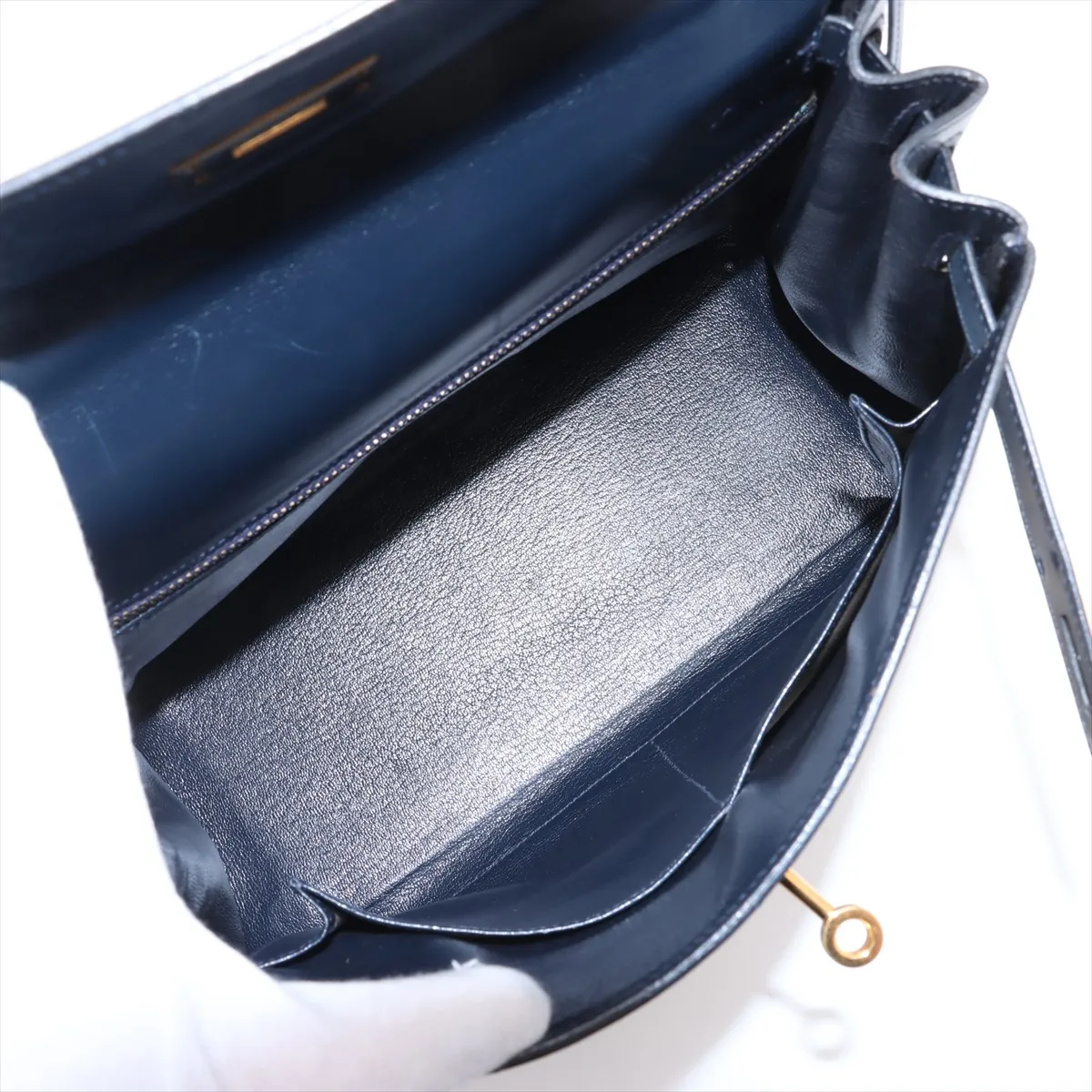 [Individually wrapped] Hermes Kelly 28 Serie Toile ash x box calf beige x blue indigo Gold hardware K: 1981 Cadena hardened lock — view 7
