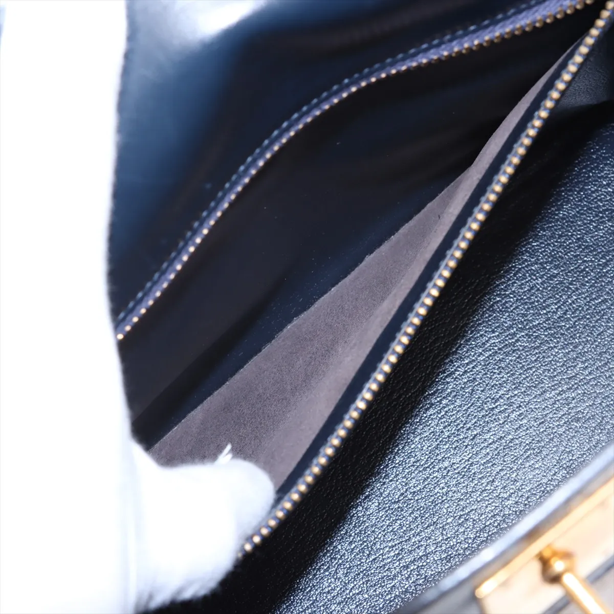 [Individually wrapped] Hermes Kelly 28 Serie Toile ash x box calf beige x blue indigo Gold hardware K: 1981 Cadena hardened lock — view 10
