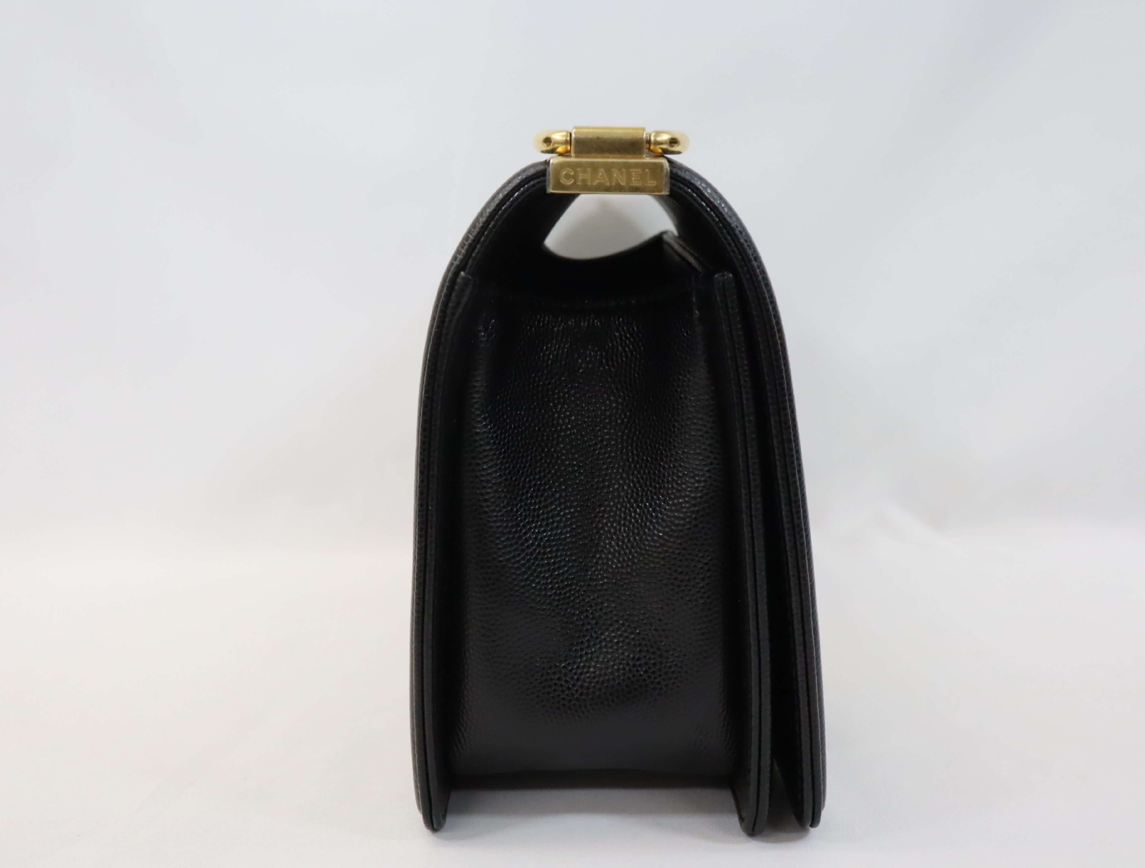 Boy Chanel 25 Caviar Skin Chain Shoulder Bag, Black with Gold Hardware and Random Plate Design, A67086 — view 3