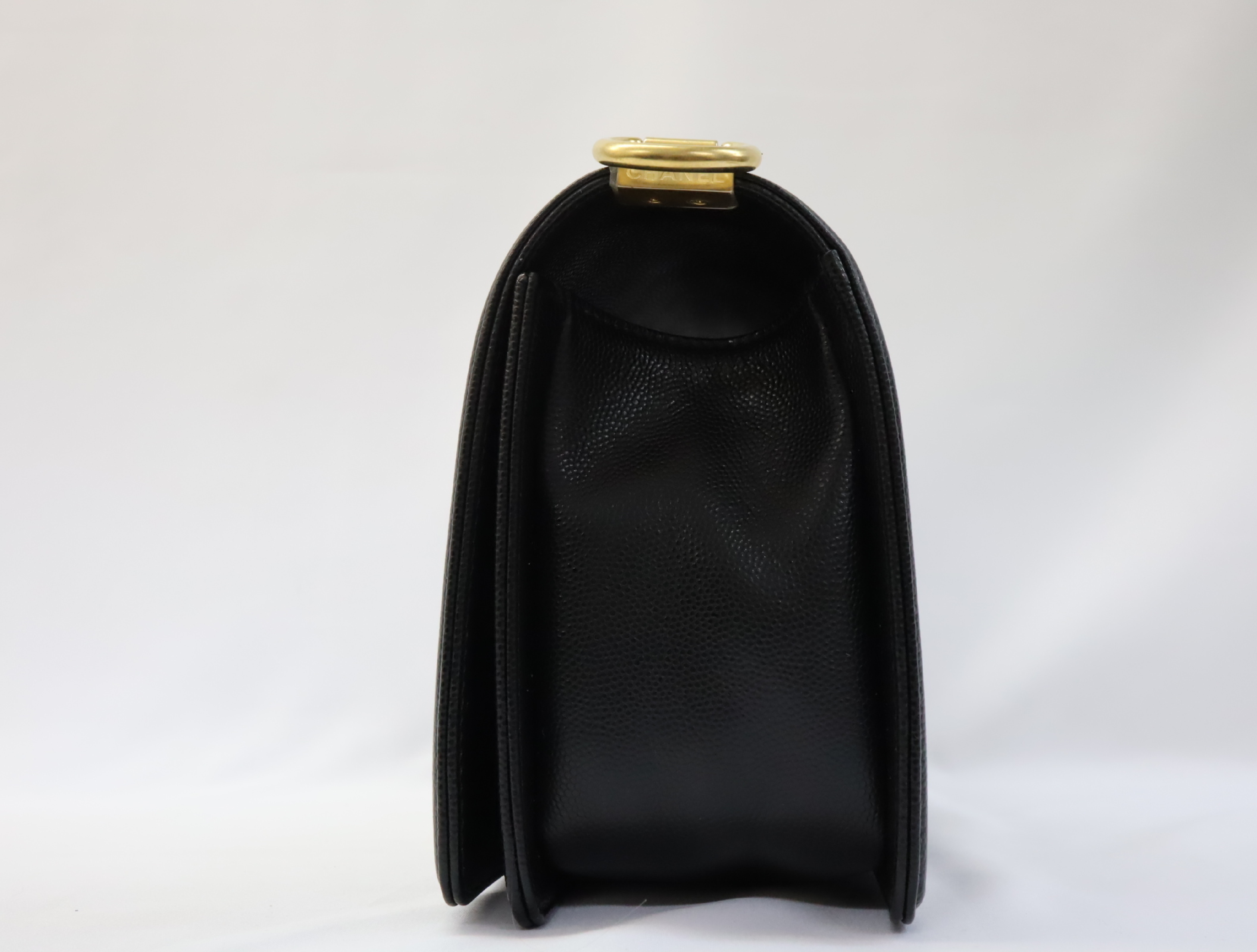 Boy Chanel 25 Caviar Skin Chain Shoulder Bag, Black with Gold Hardware and Random Plate Design, A67086 — view 4