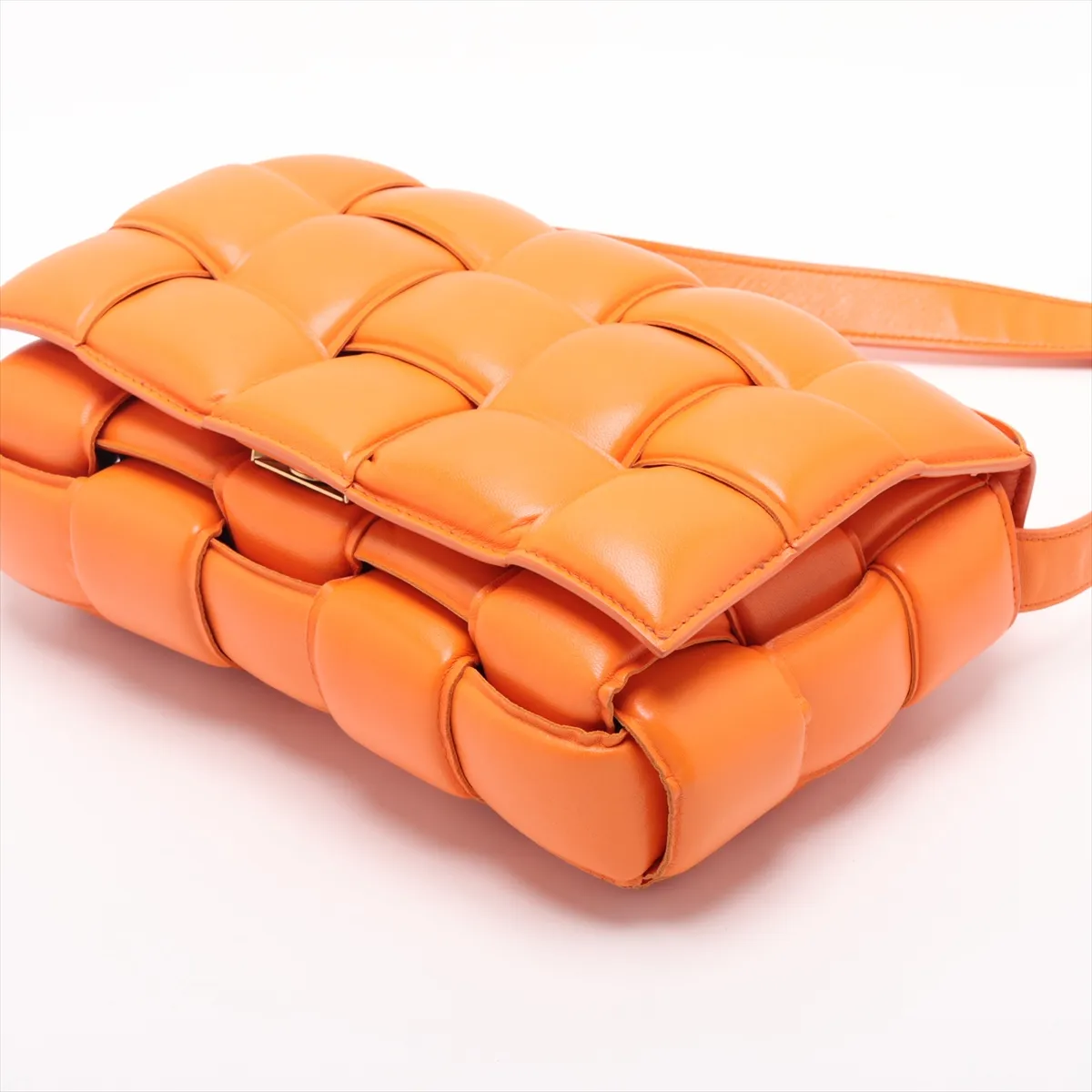 Maxi Intrecciato Padded Cassette Leather Shoulder Bag, Orange — view 3