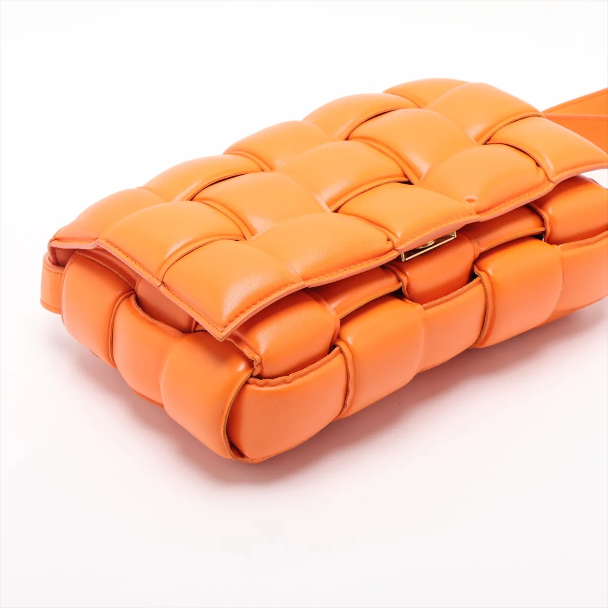 Maxi Intrecciato Padded Cassette Leather Shoulder Bag, Orange — view 4